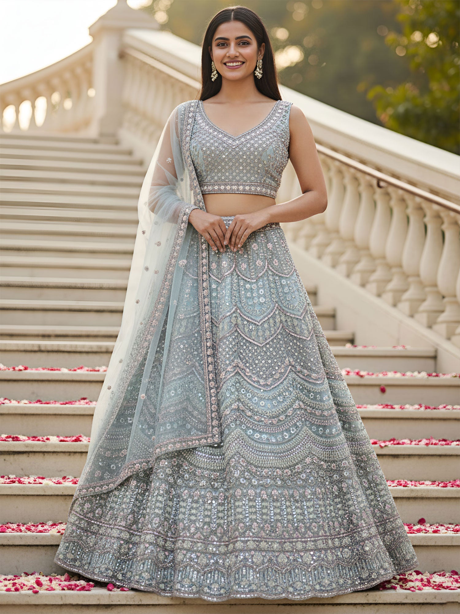 Light Blue Sequins Embellished Designer Lehenga Set