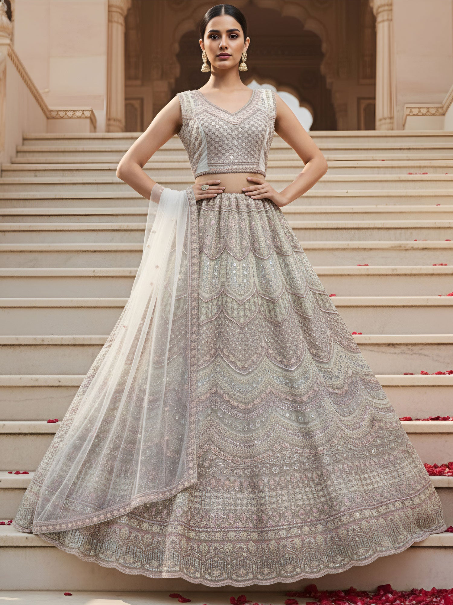 Silver Net Lehenga Set In Sequins Embellishments