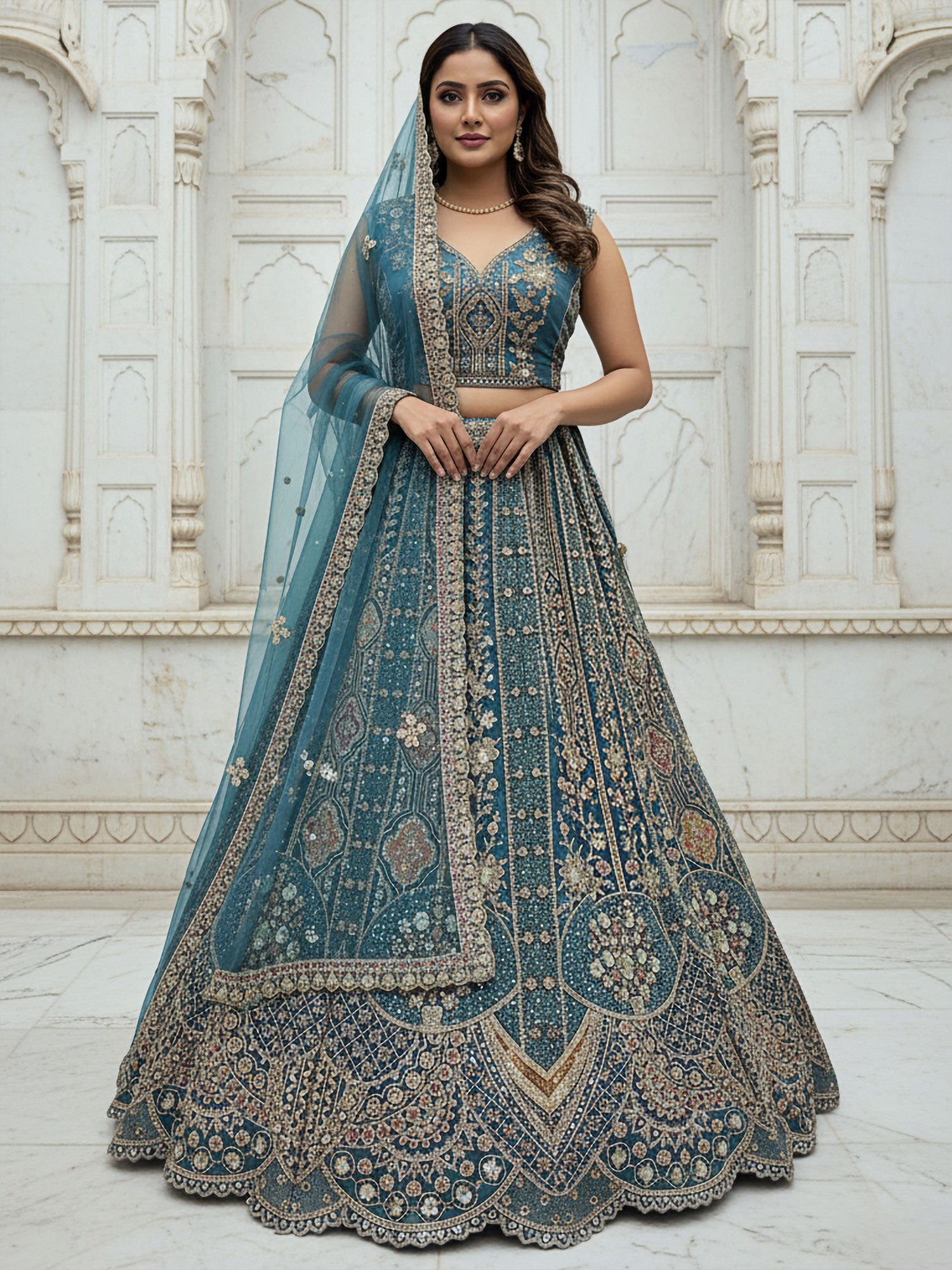 Blue Embroidered Organza Lehenga Choli