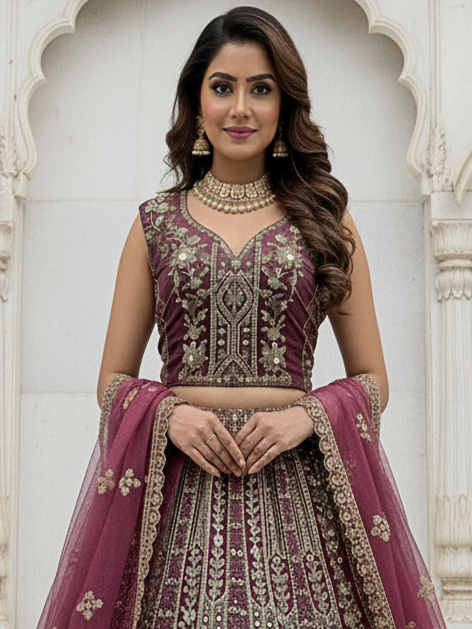 Magenta Organza Lehenga Set With Dupatta