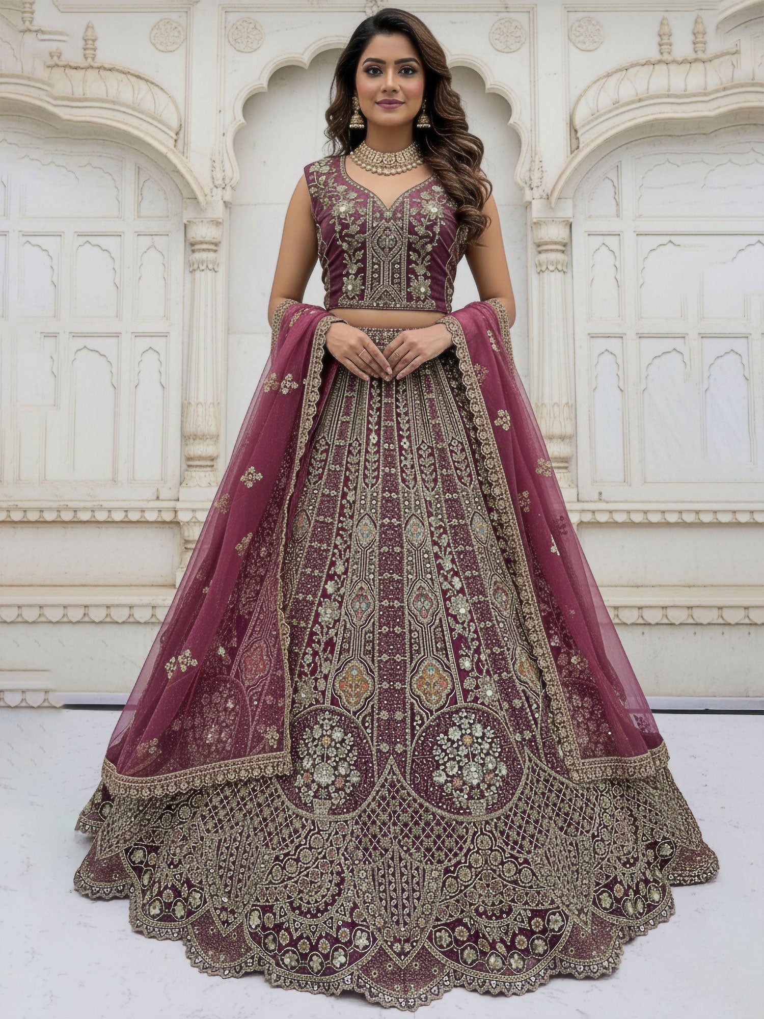 Magenta Organza Lehenga Set With Dupatta