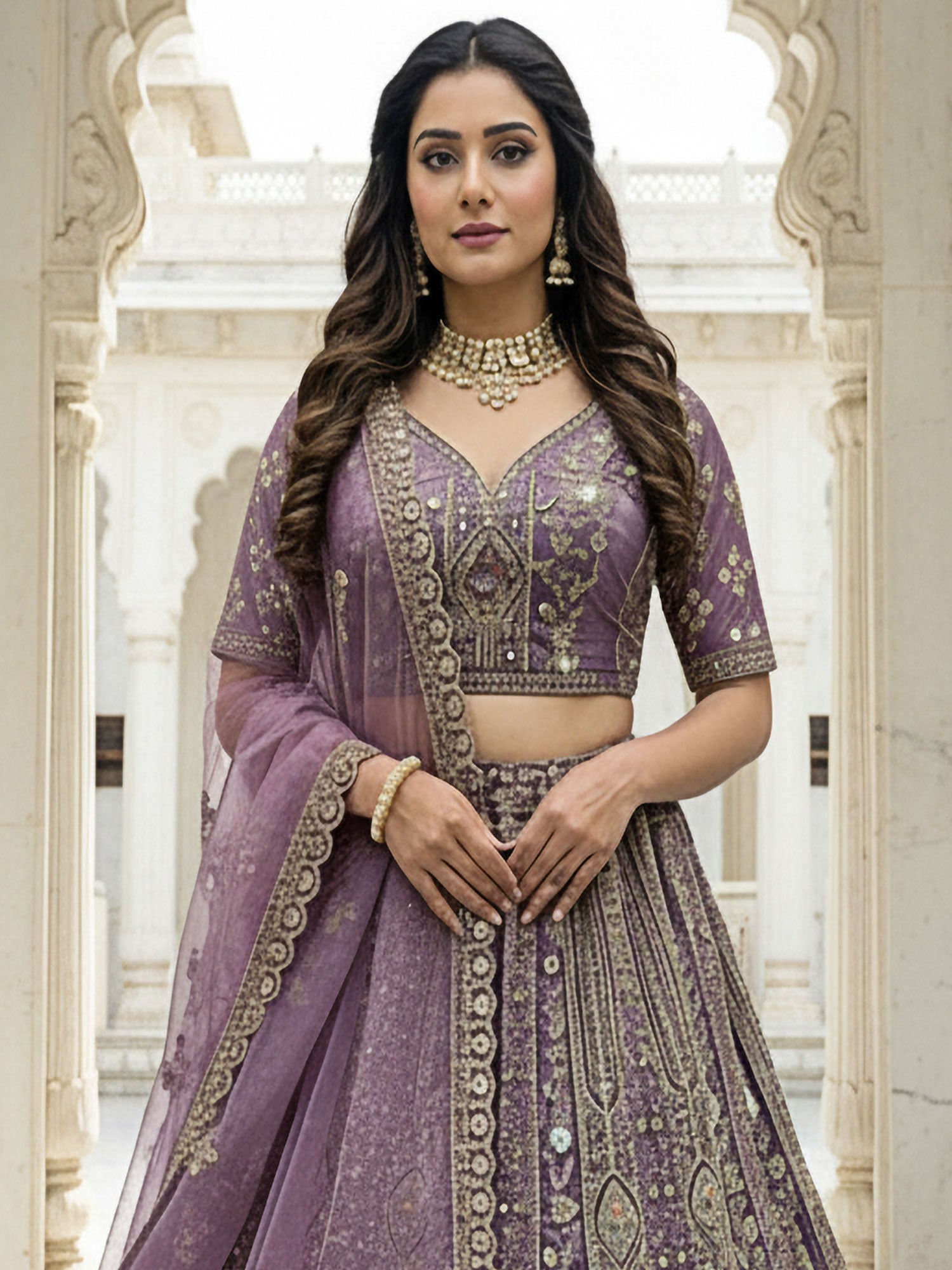 Purple Party Lehenga Choli Set In Organza