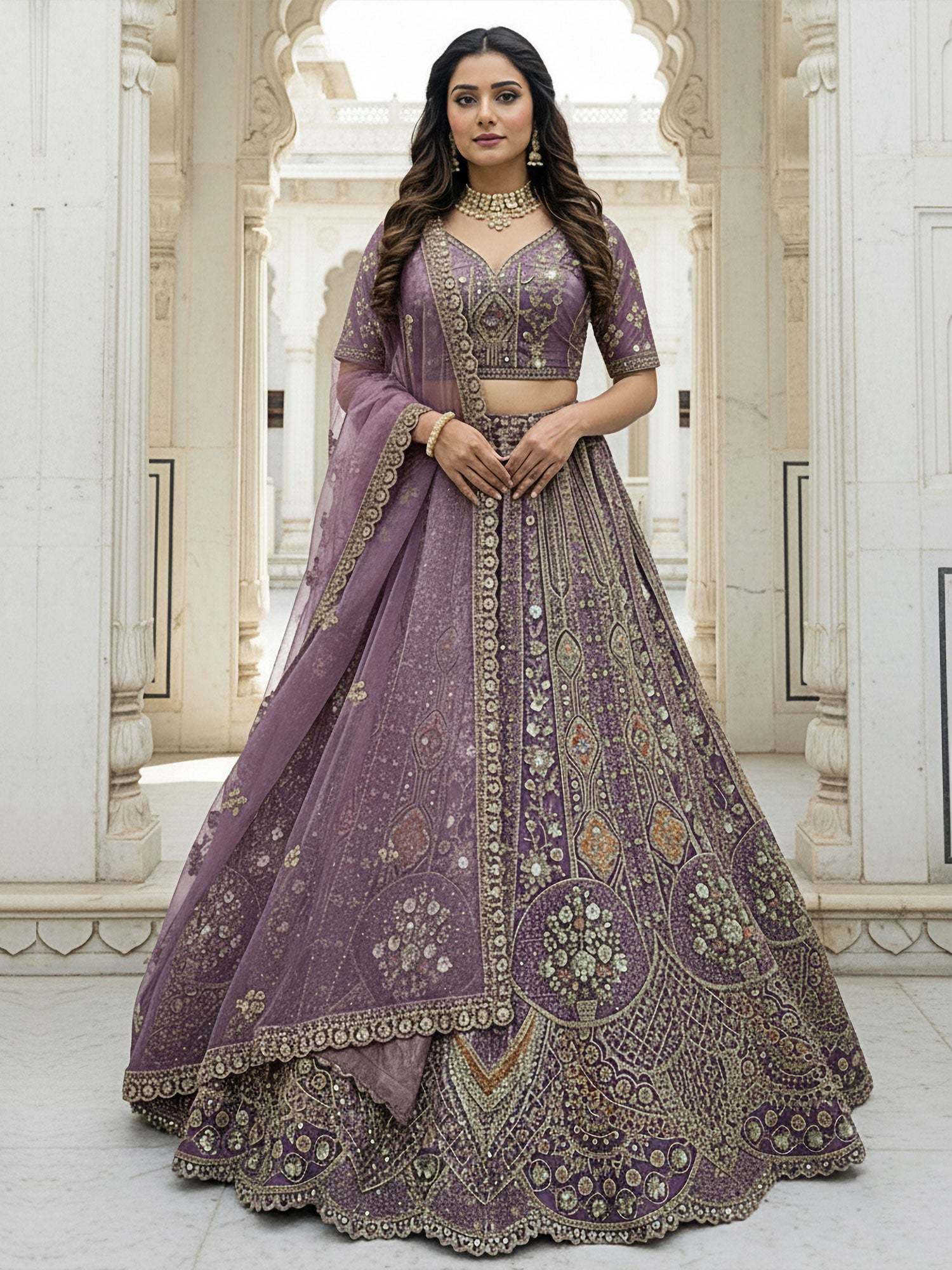 Purple Party Lehenga Choli Set In Organza