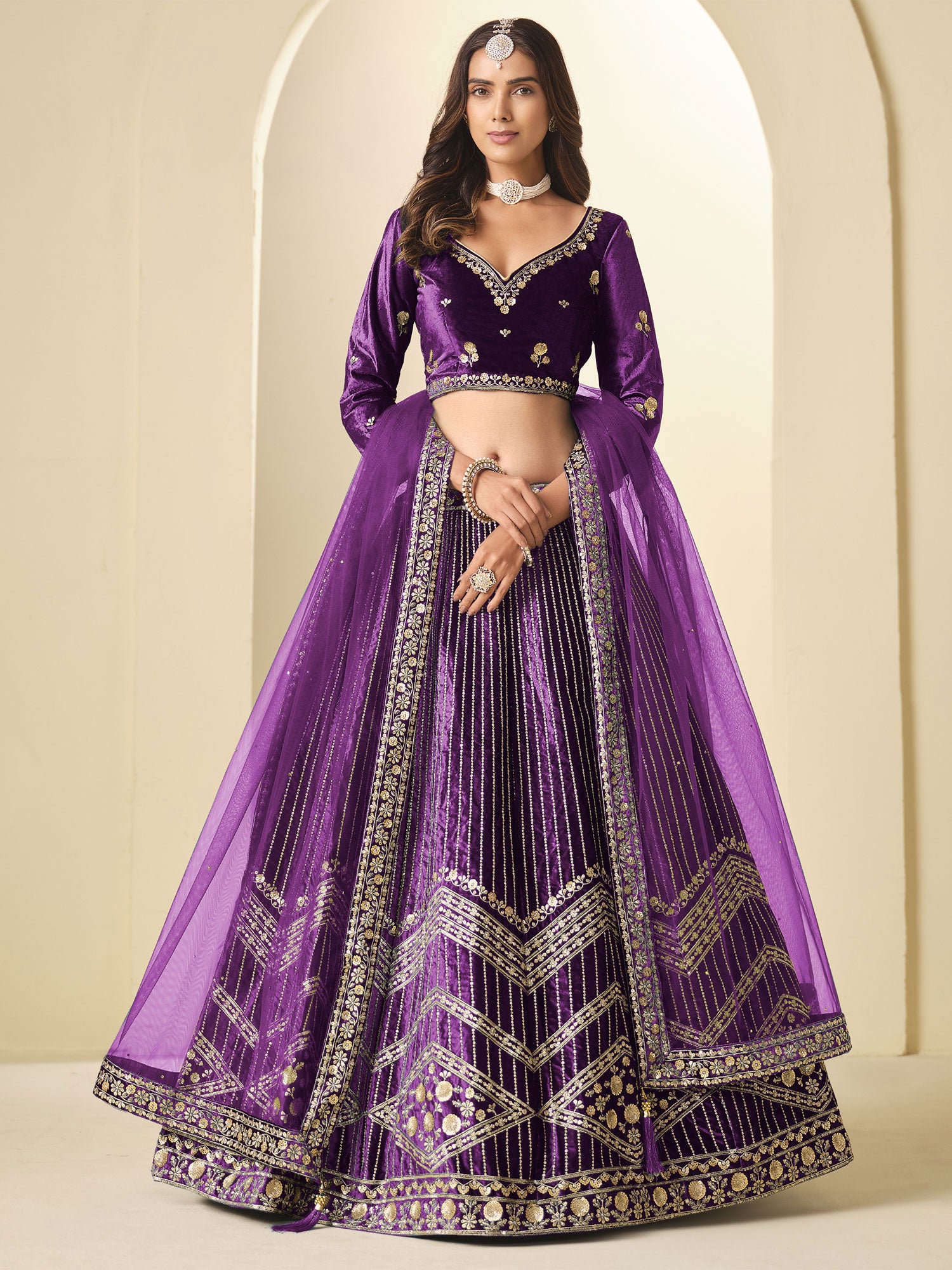Dark Purple Party Lehenga Choli In Velvet