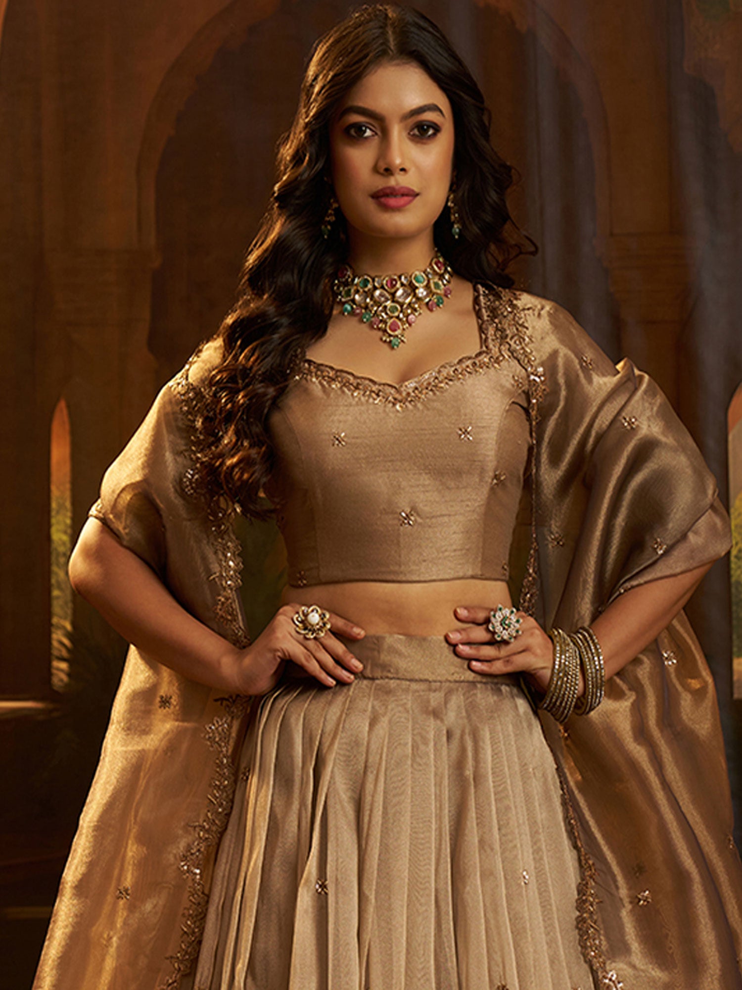 Brown Sequins Work Augmented Lehenga Set