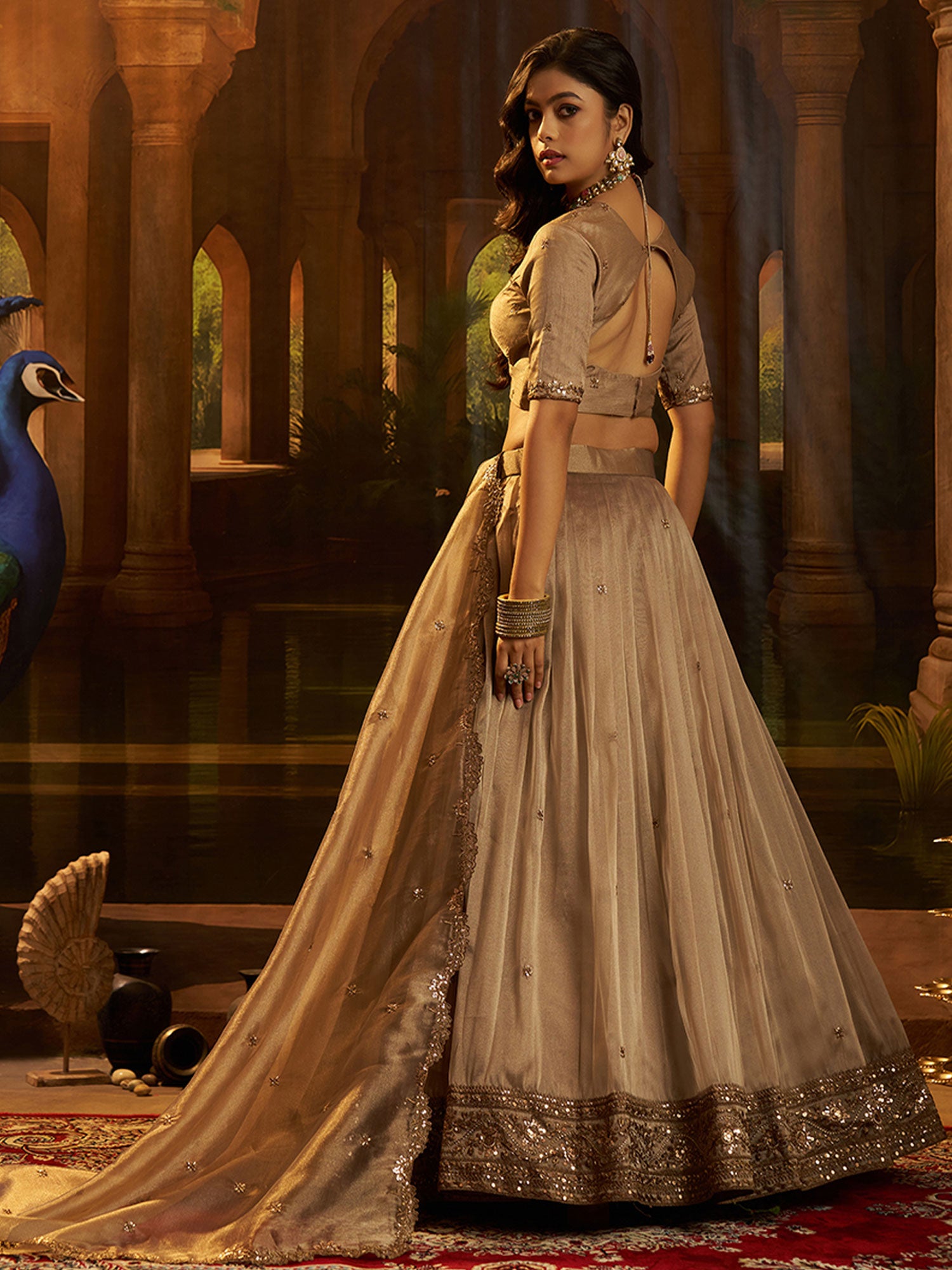 Brown Sequins Work Augmented Lehenga Set