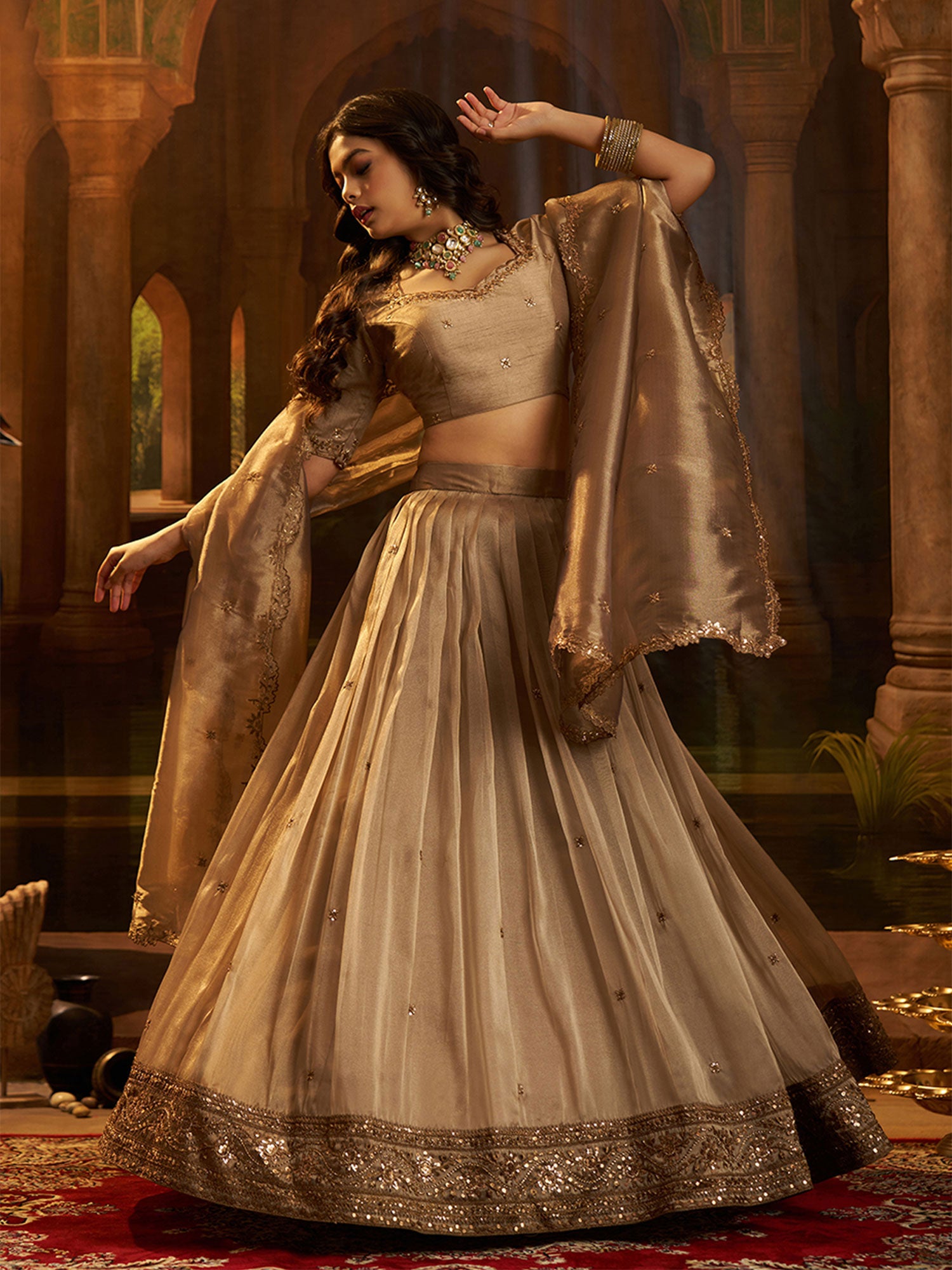 Brown Sequins Work Augmented Lehenga Set