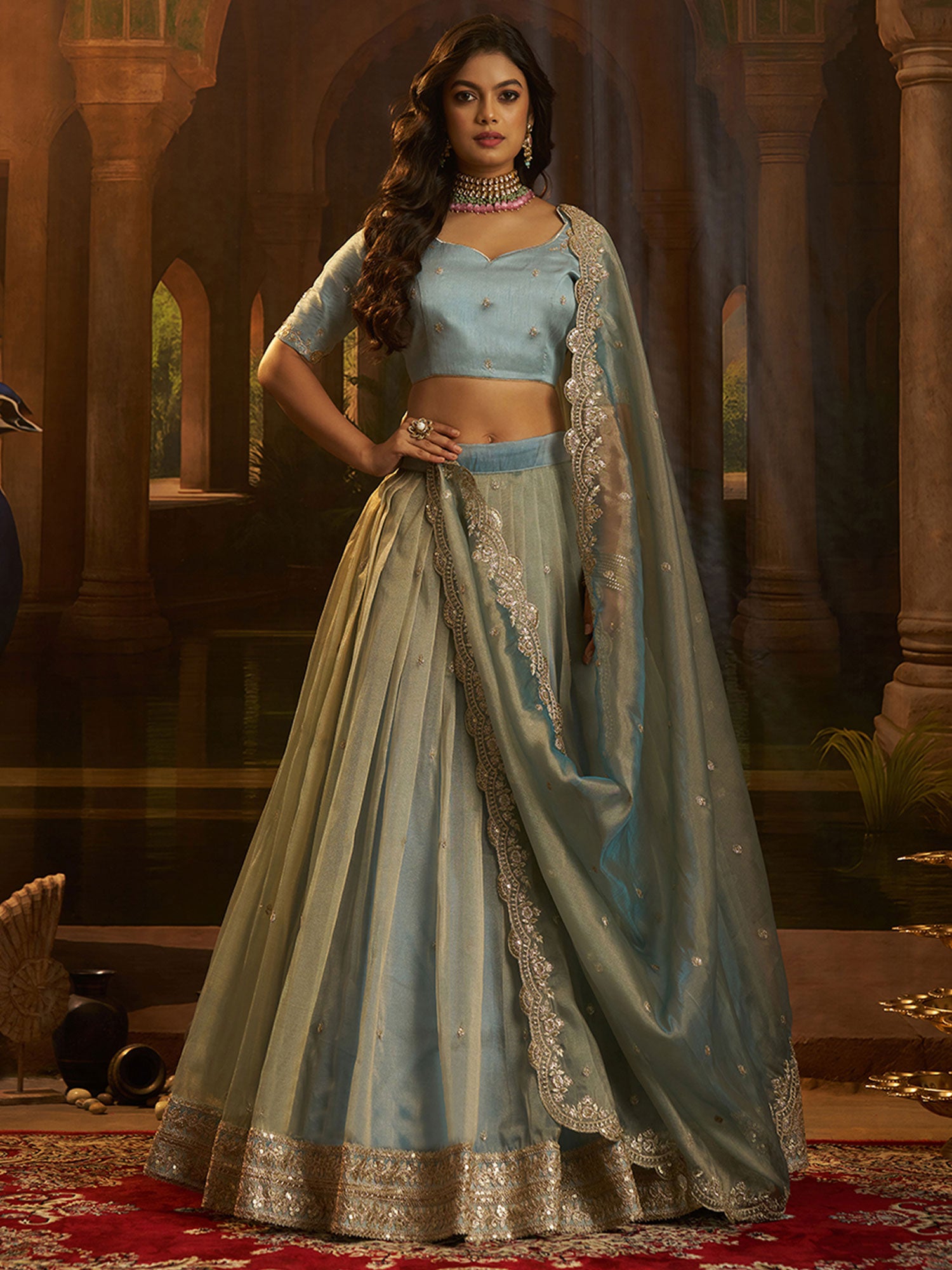 Blue Party Wear Organza Lehenga Choli Set