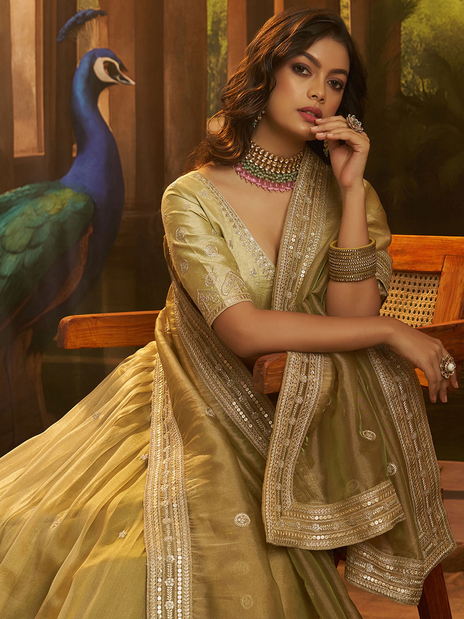 Olive Green Zari Embellished Crepe Lehenga Set