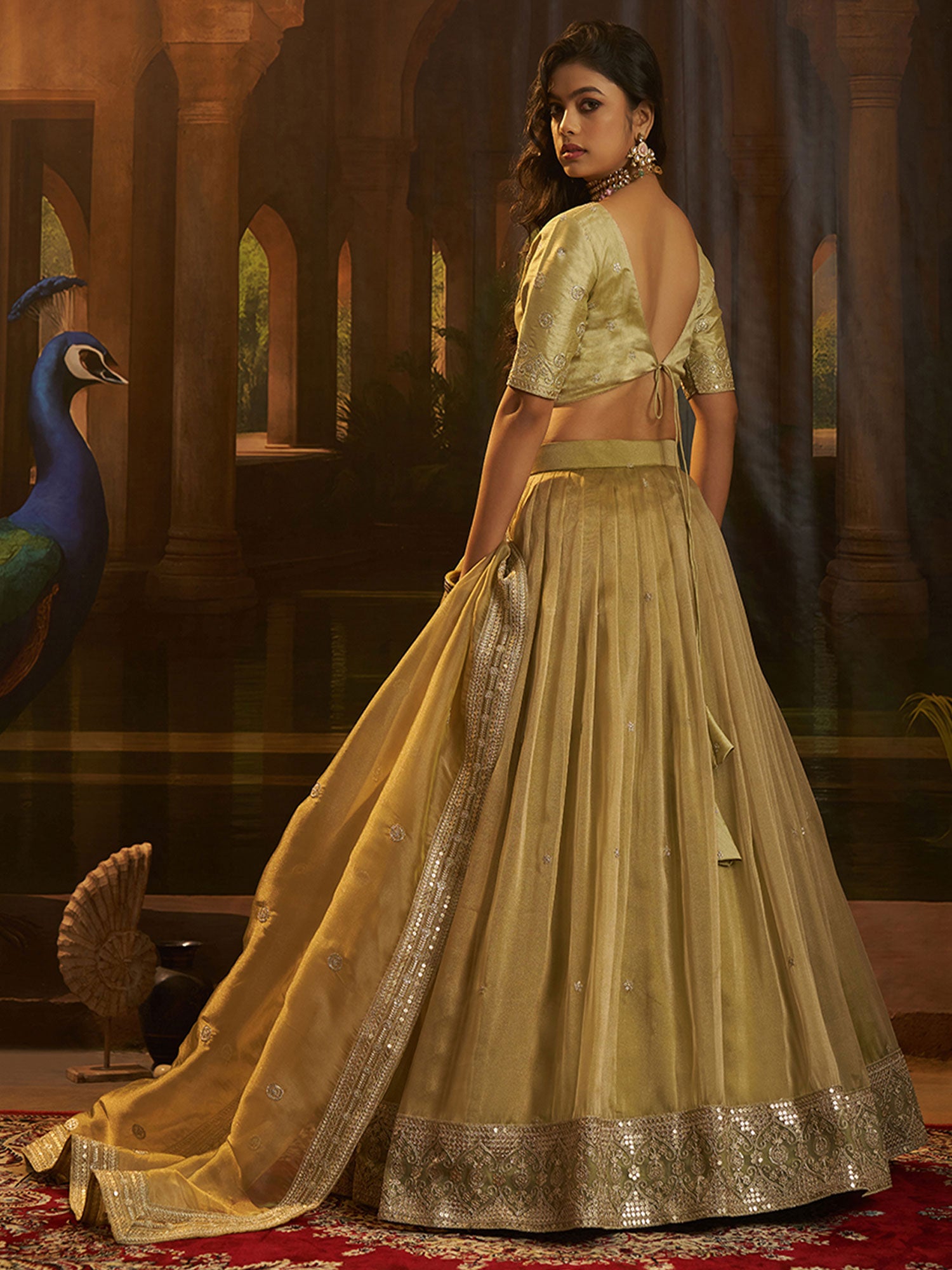 Olive Green Zari Embellished Crepe Lehenga Set
