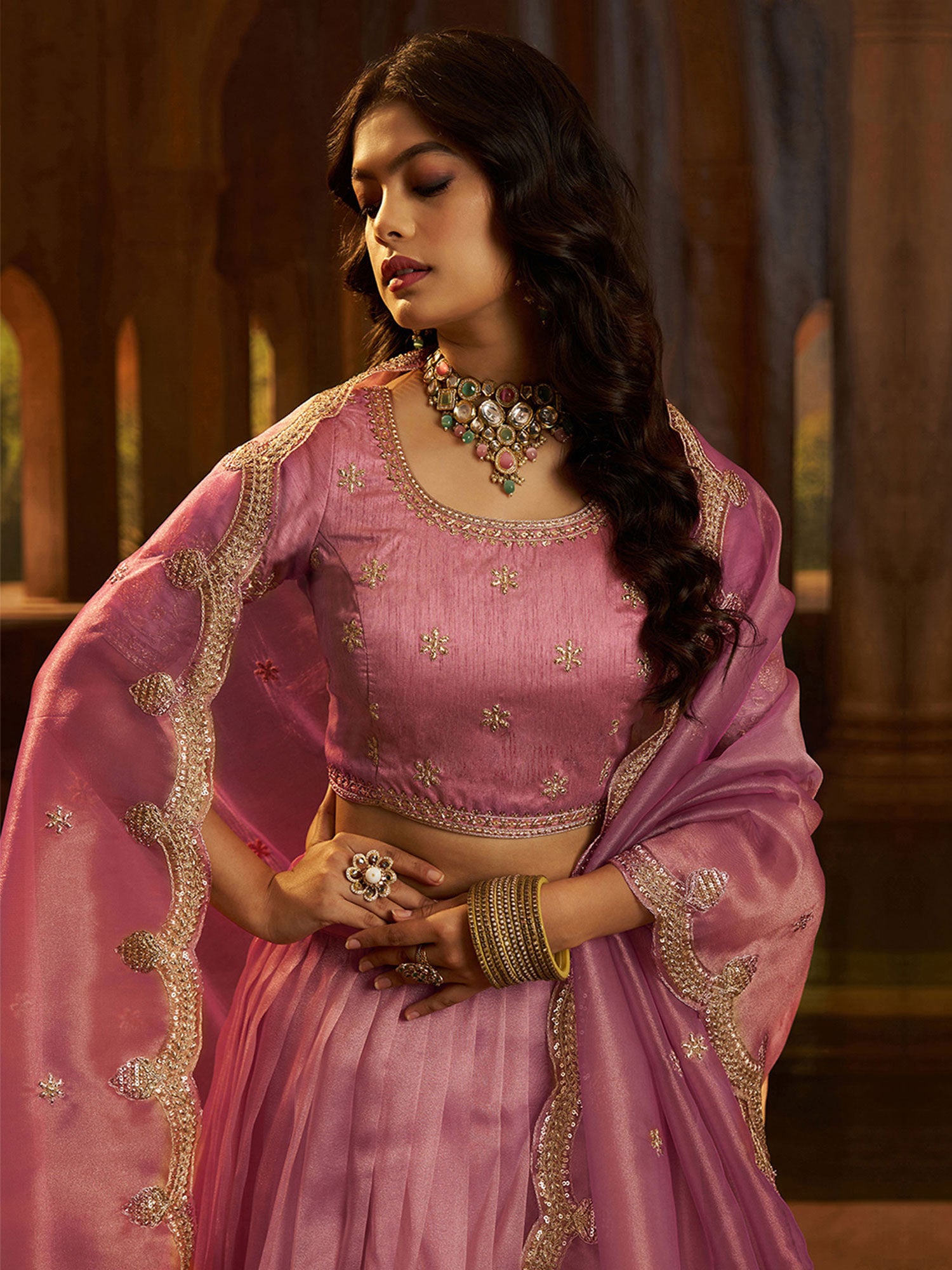Pink Bridesmaid Oganza Lehenga Choli With Dupatta