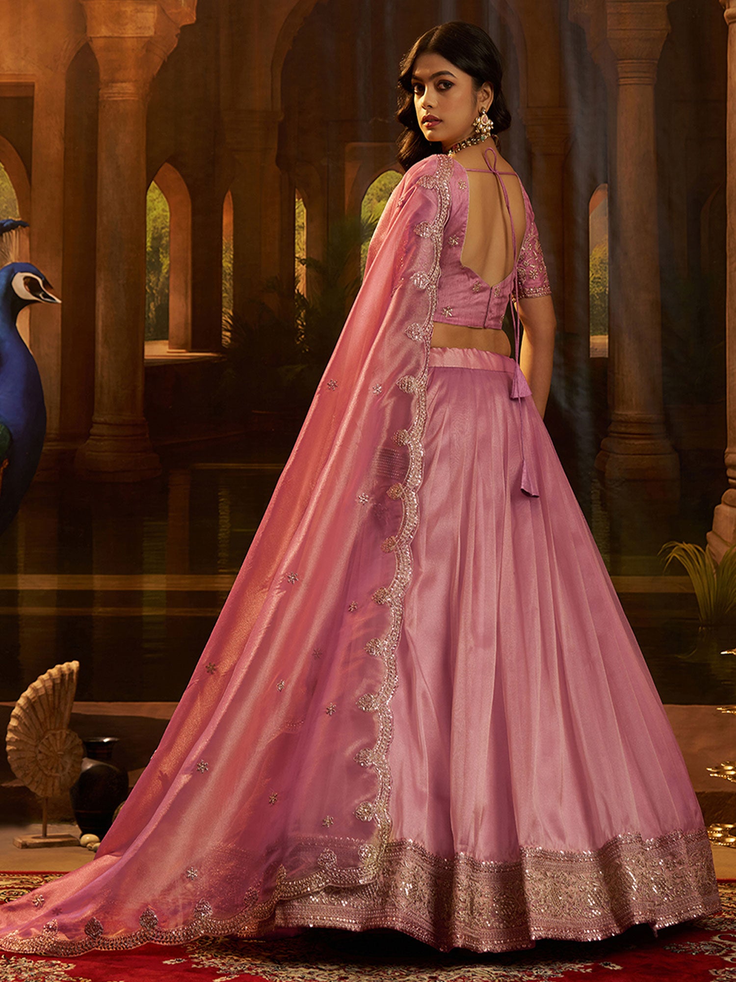 Pink Bridesmaid Oganza Lehenga Choli With Dupatta
