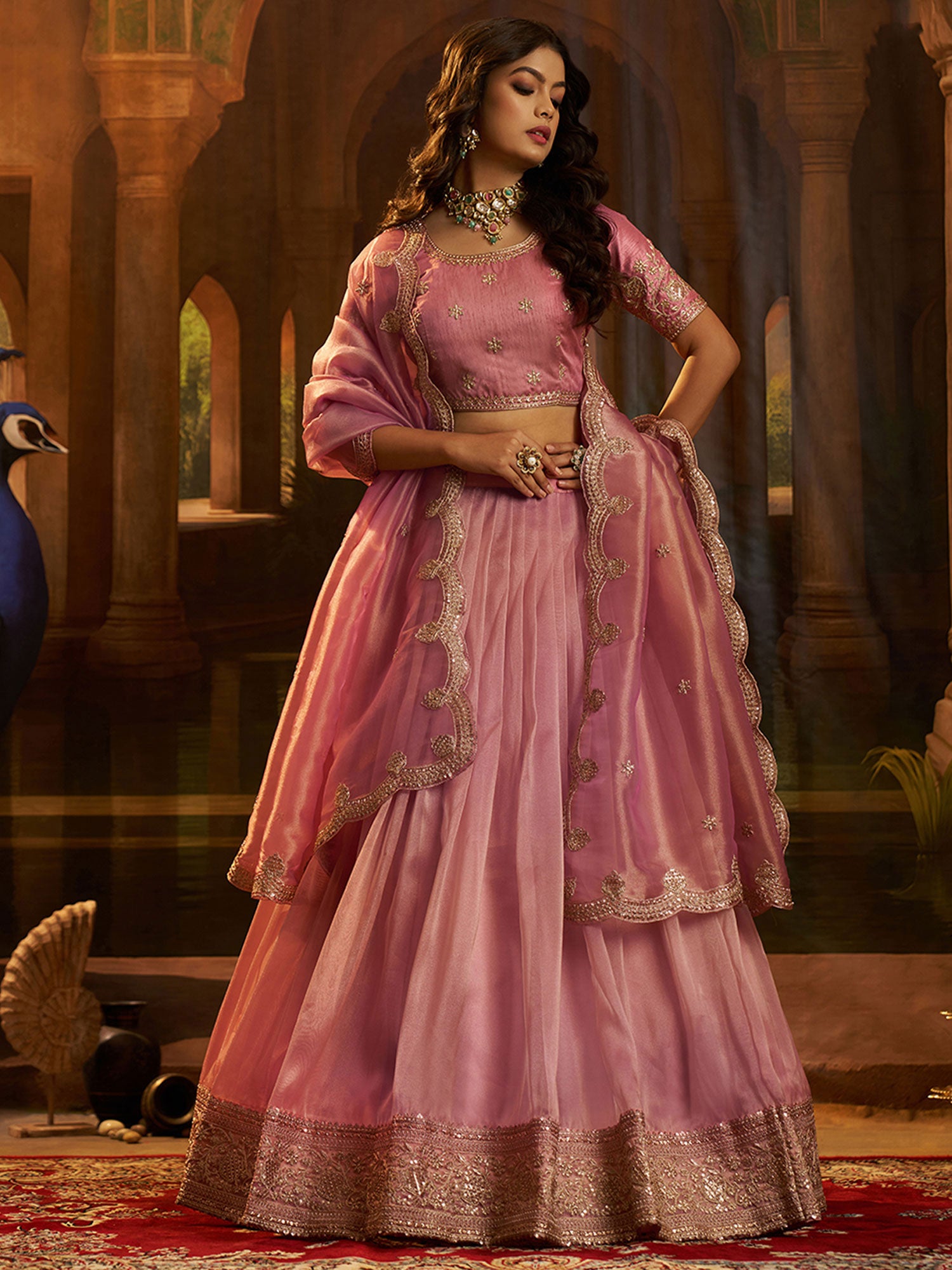 Pink Bridesmaid Oganza Lehenga Choli With Dupatta