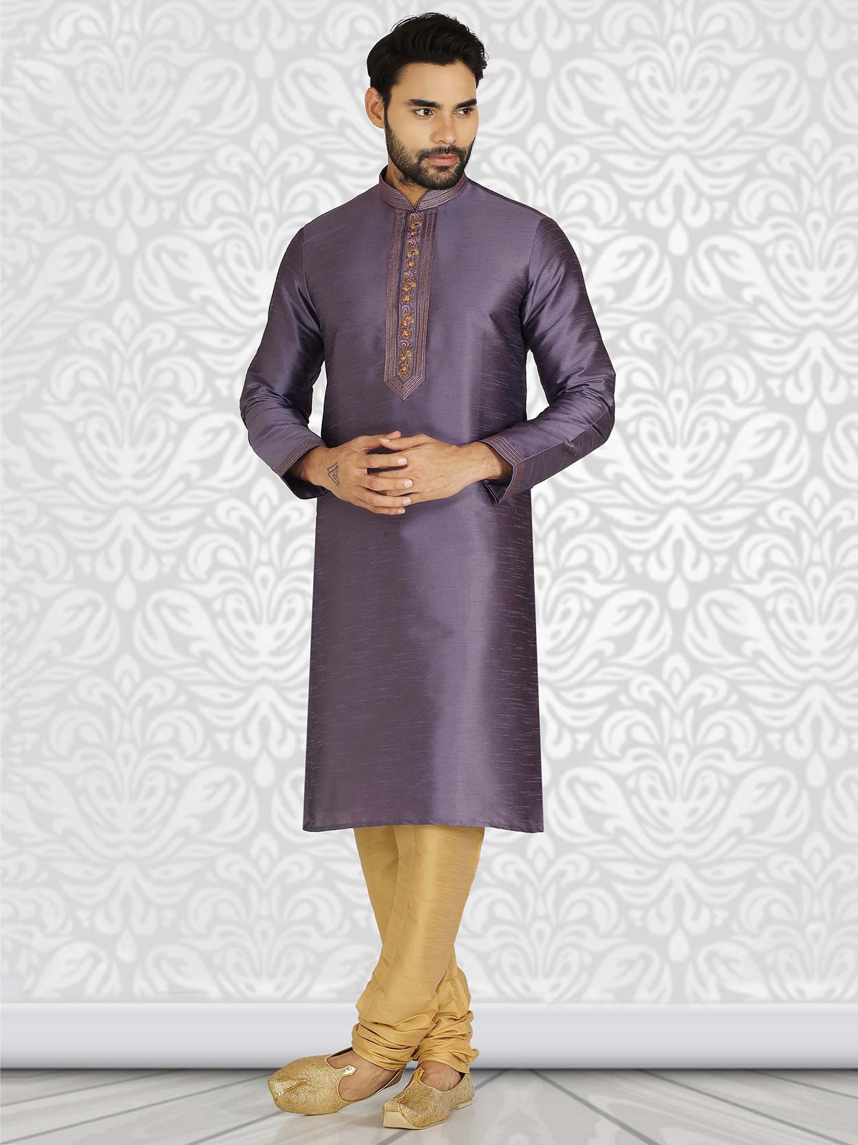 Purple Colour Silk Designer Kurta Pajama.