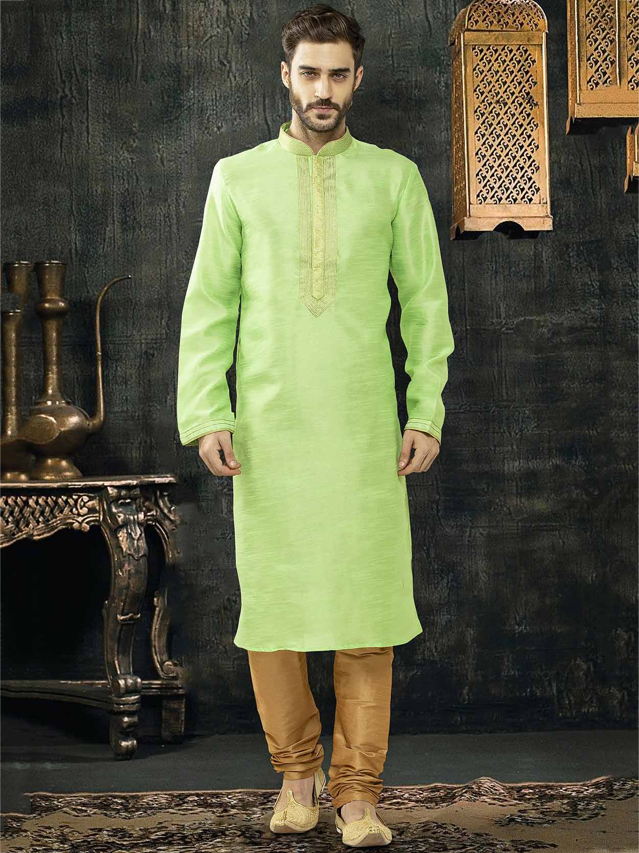 Green Colour Poly Silk Kurta Pyjama