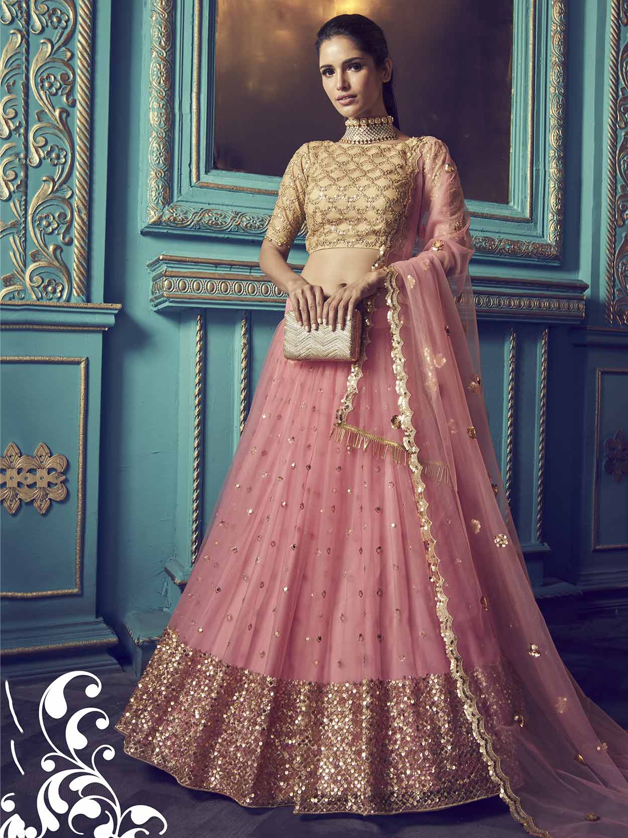 Pink Sequin Net Lehenga Choli.