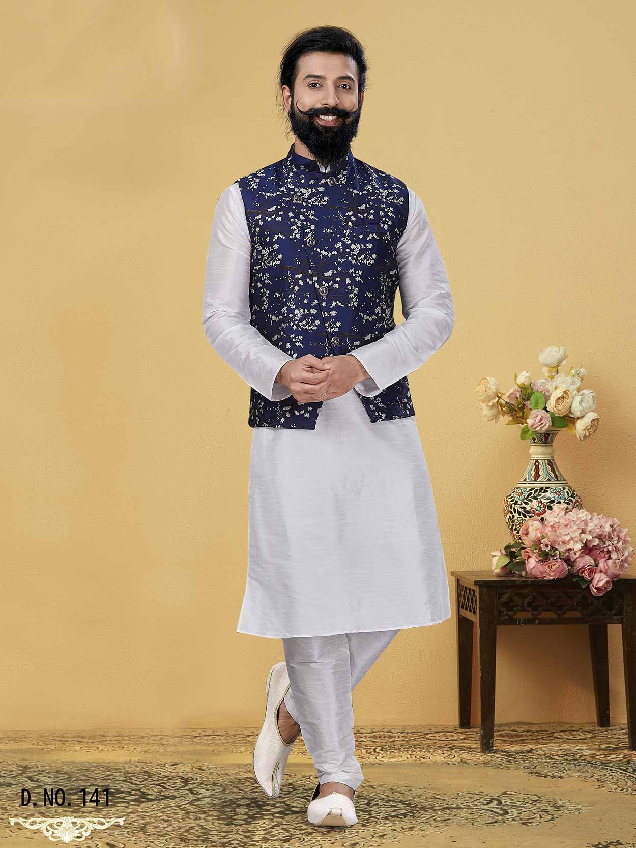 Blue,Off White Colour Silk Kurta Pajama Jacket.