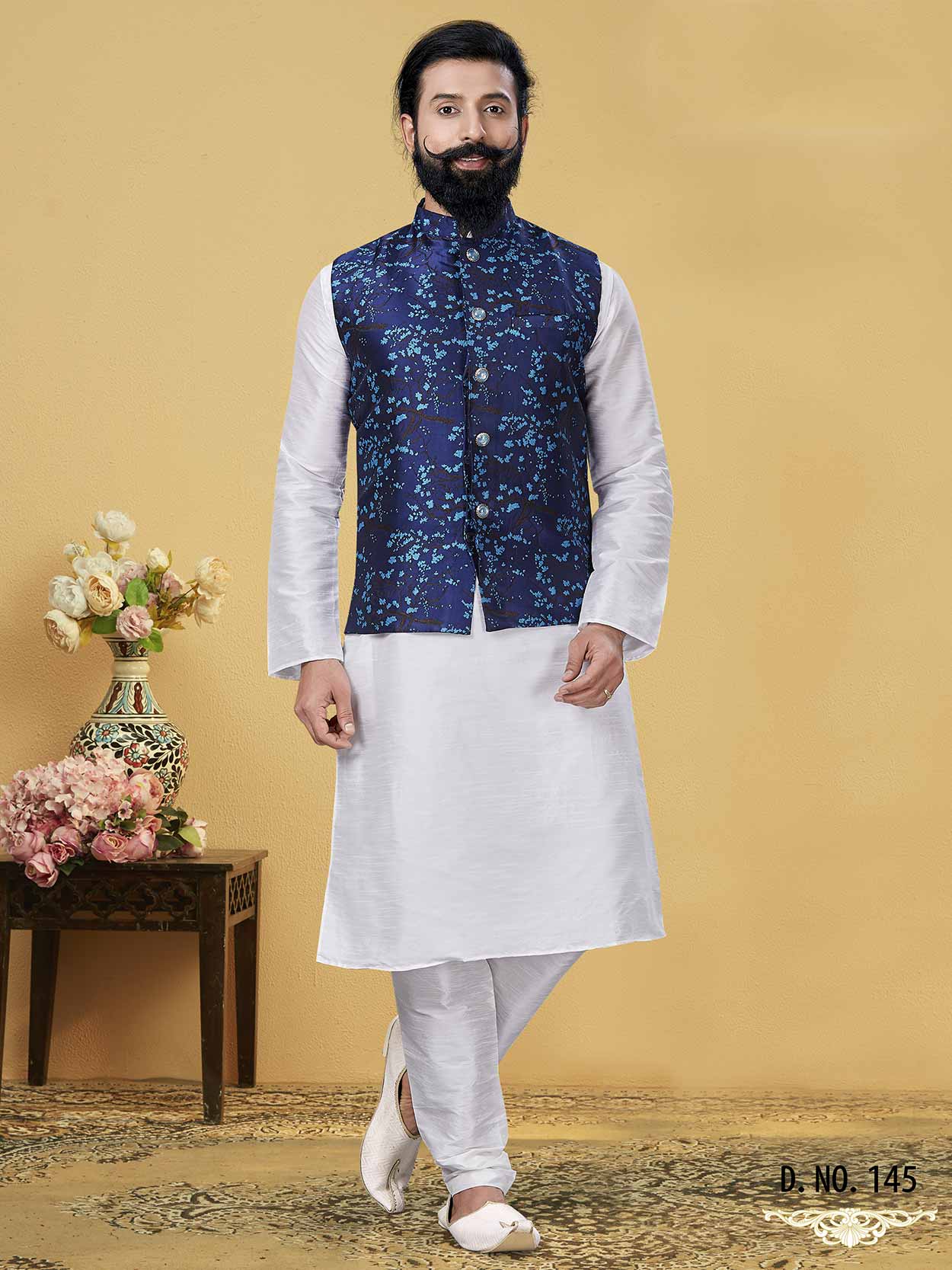 Blue,Off White Colour Dupion Silk Men's Kurta Pajama Jacket.