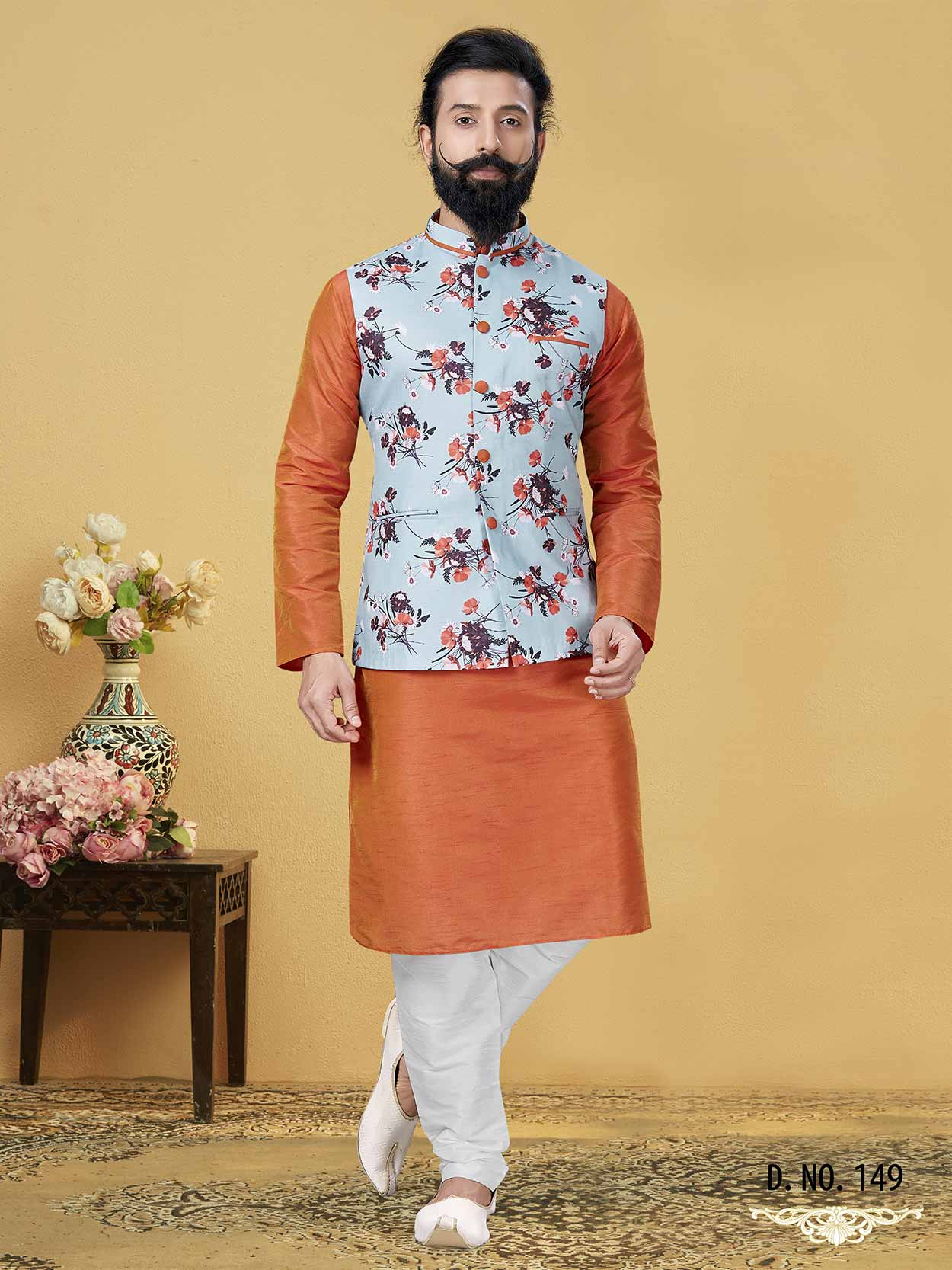 Orange Colour Men's Kurta Pyjama Jacket