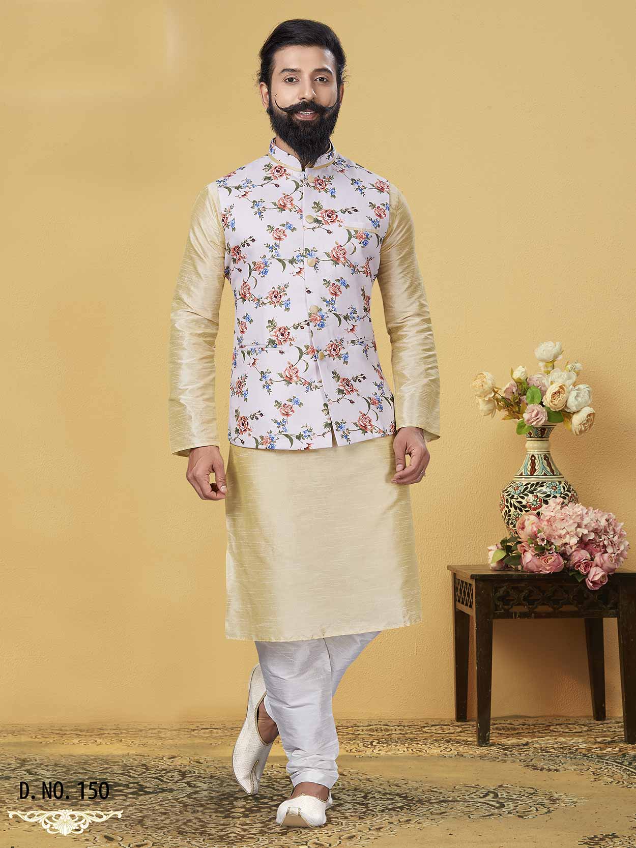 Cream,Off White in Dupion Silk Men's Designer Kurta Pajama Jacket.