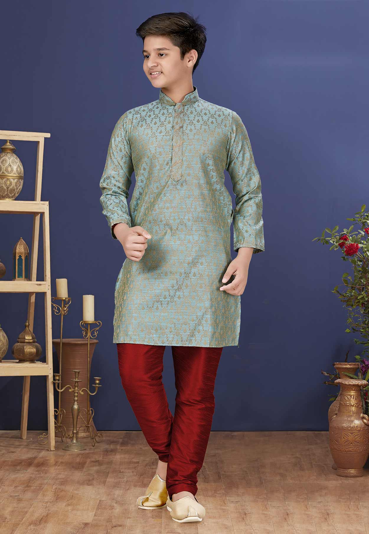 Sea Green Colour Jacquard Silk Boys Kurta Pajama.