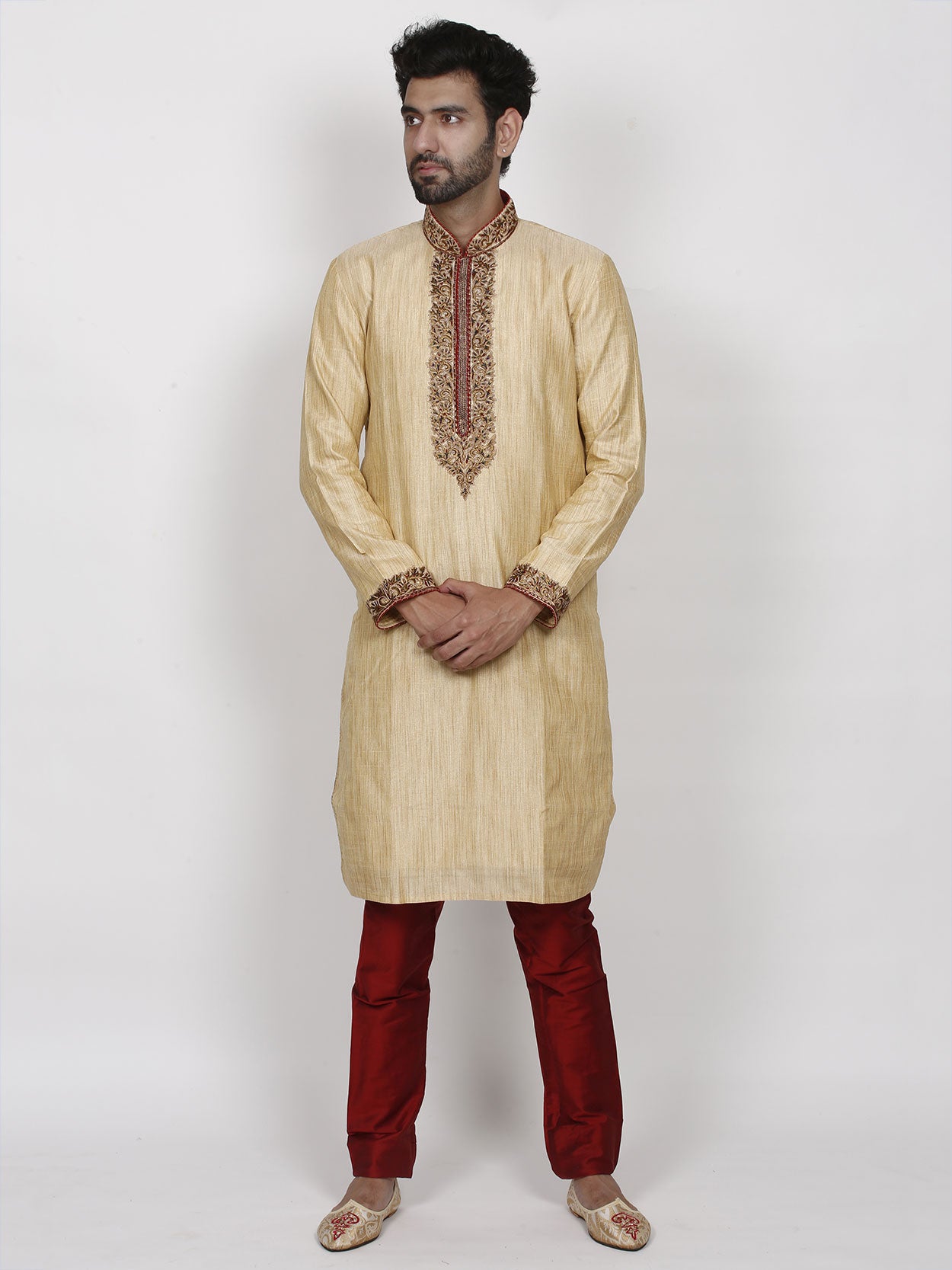 Golden Colour Traditional Kurta Pajama in Silk Fabric.