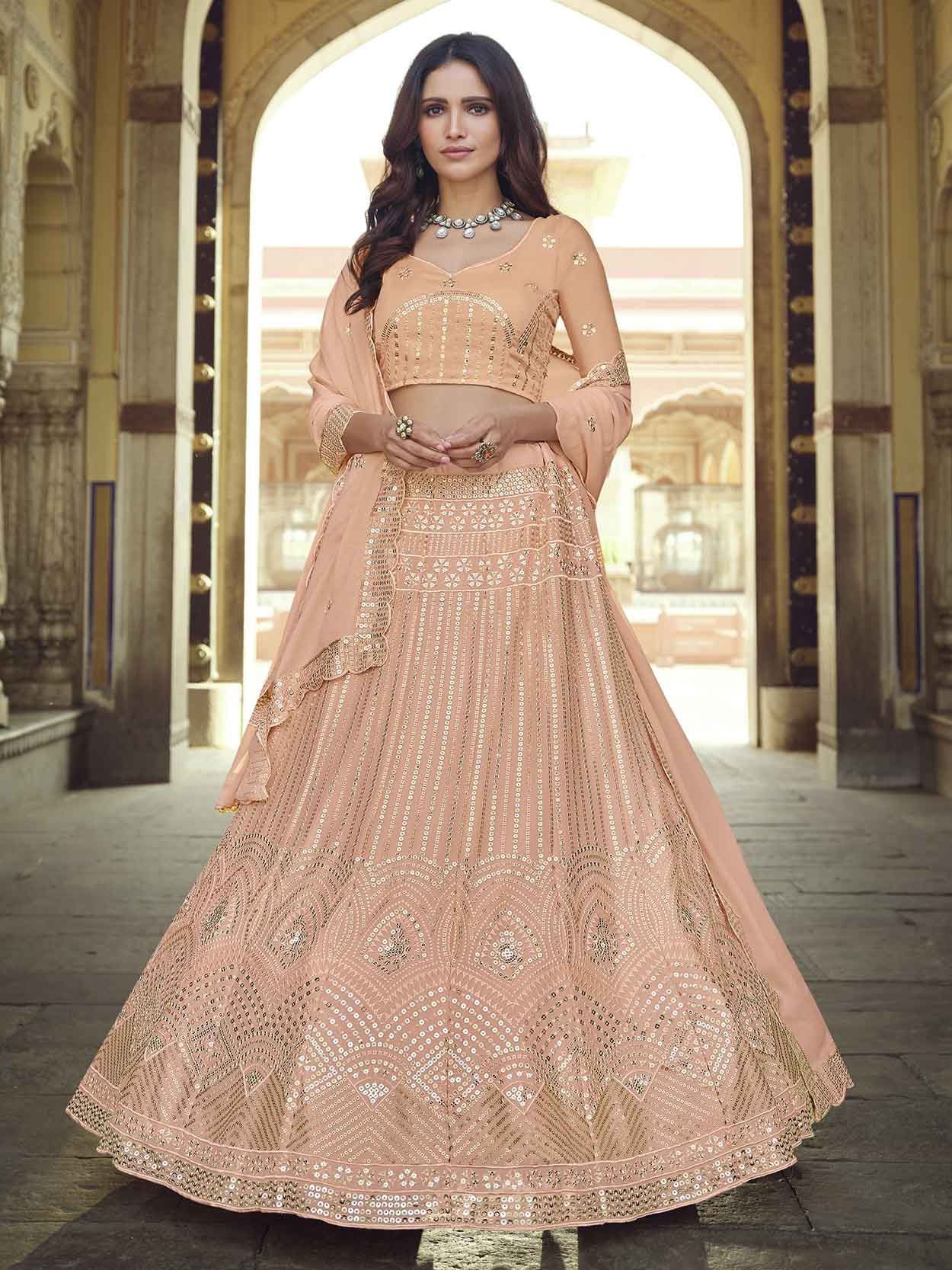 Peach Colour Designer Lehenga Choli In Georgette Fabric.