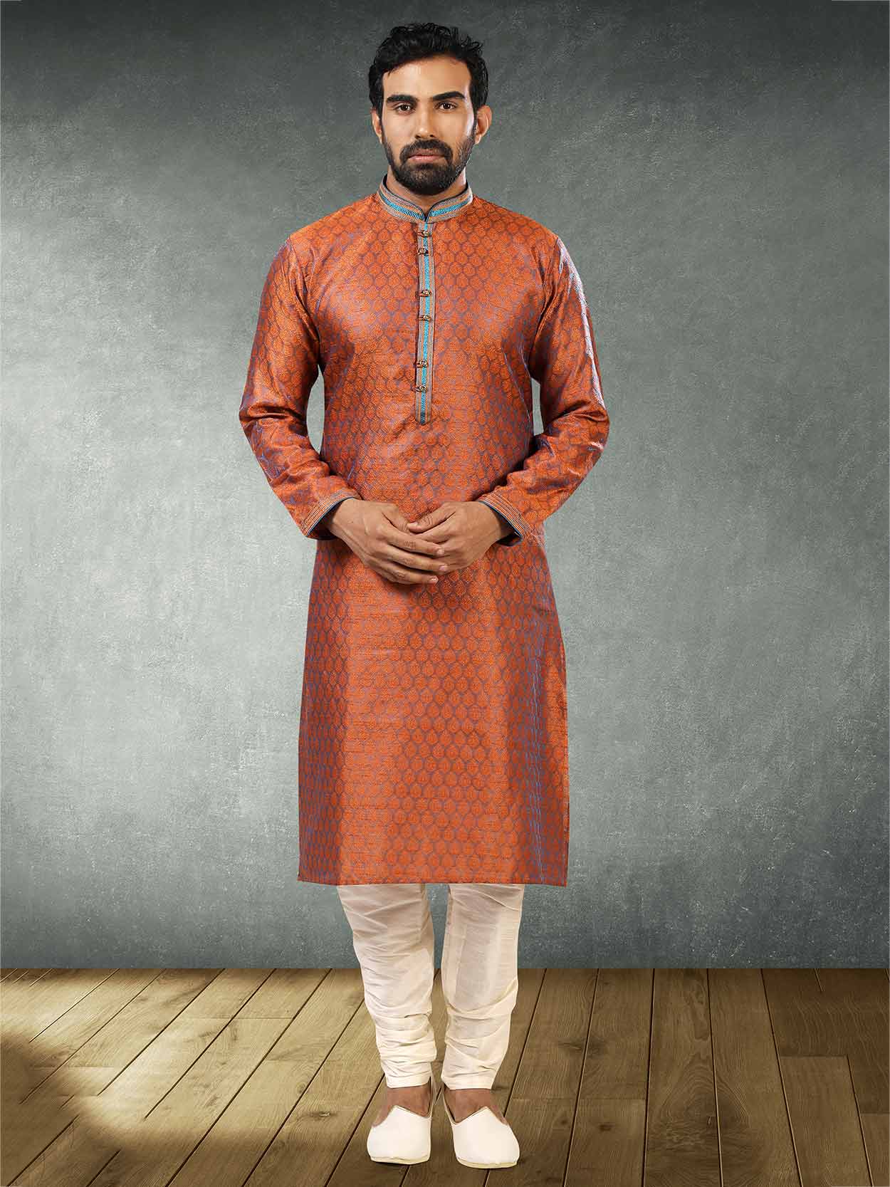 Orange Mens Kurta Pajama in Jacquard,Brocade Silk Fabric.