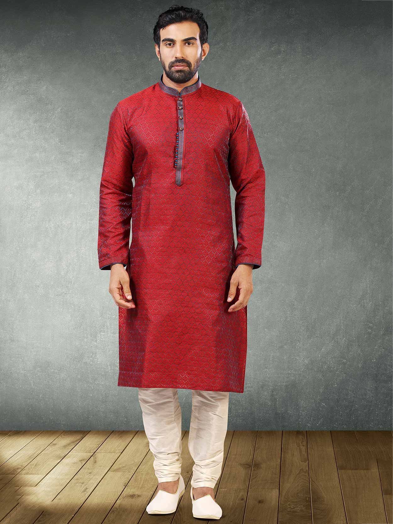 Indian Wedding Kurta Pajama Maroon Colour in Jacquard,Brocade Silk Fabric.