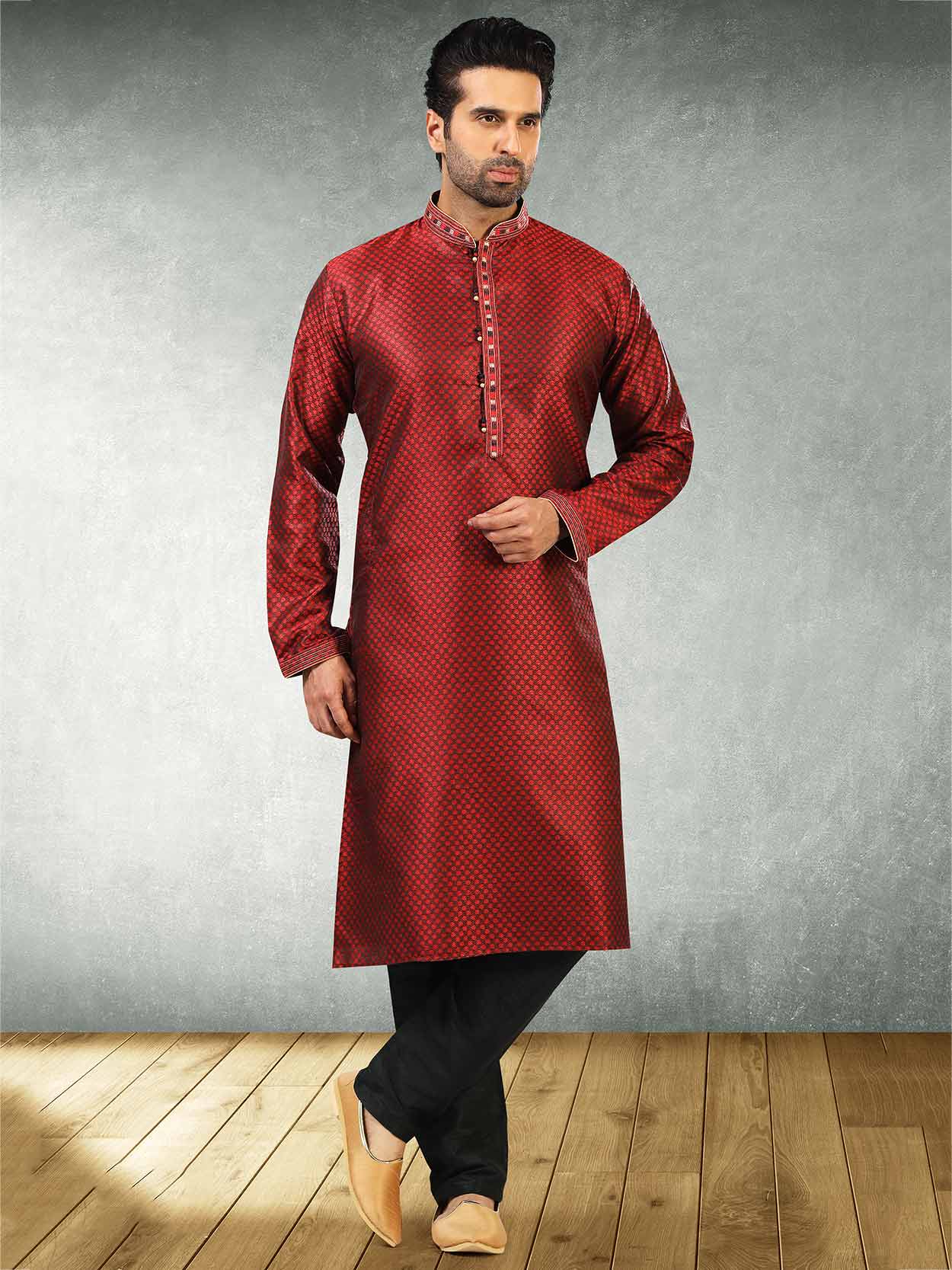 Wine Colour Jacquard,Brocade Silk Fabric Kurta Pajama.