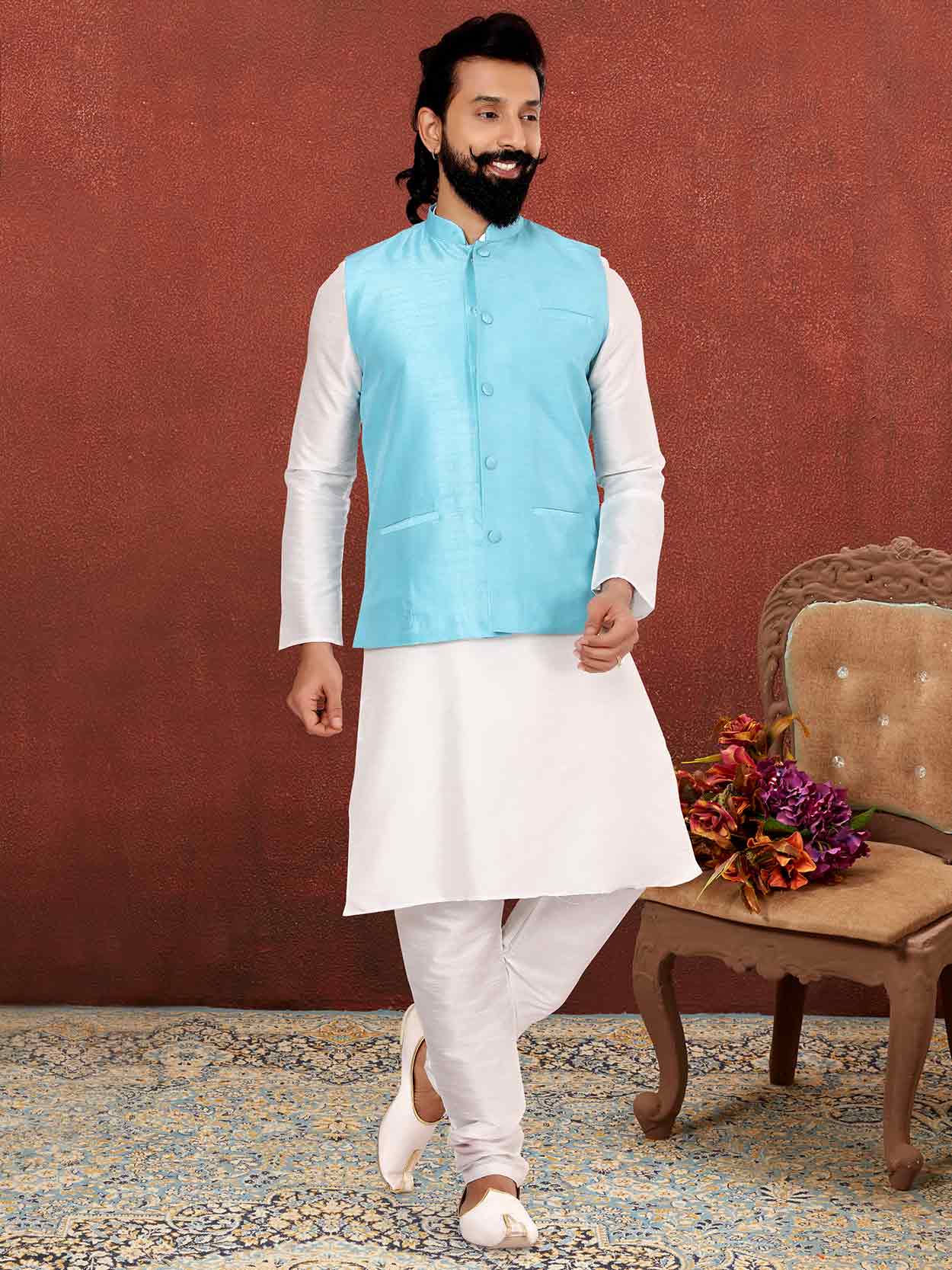 Sky Blue,Off White Colour Kurta Pajama Jacket Dupion Silk Fabric.