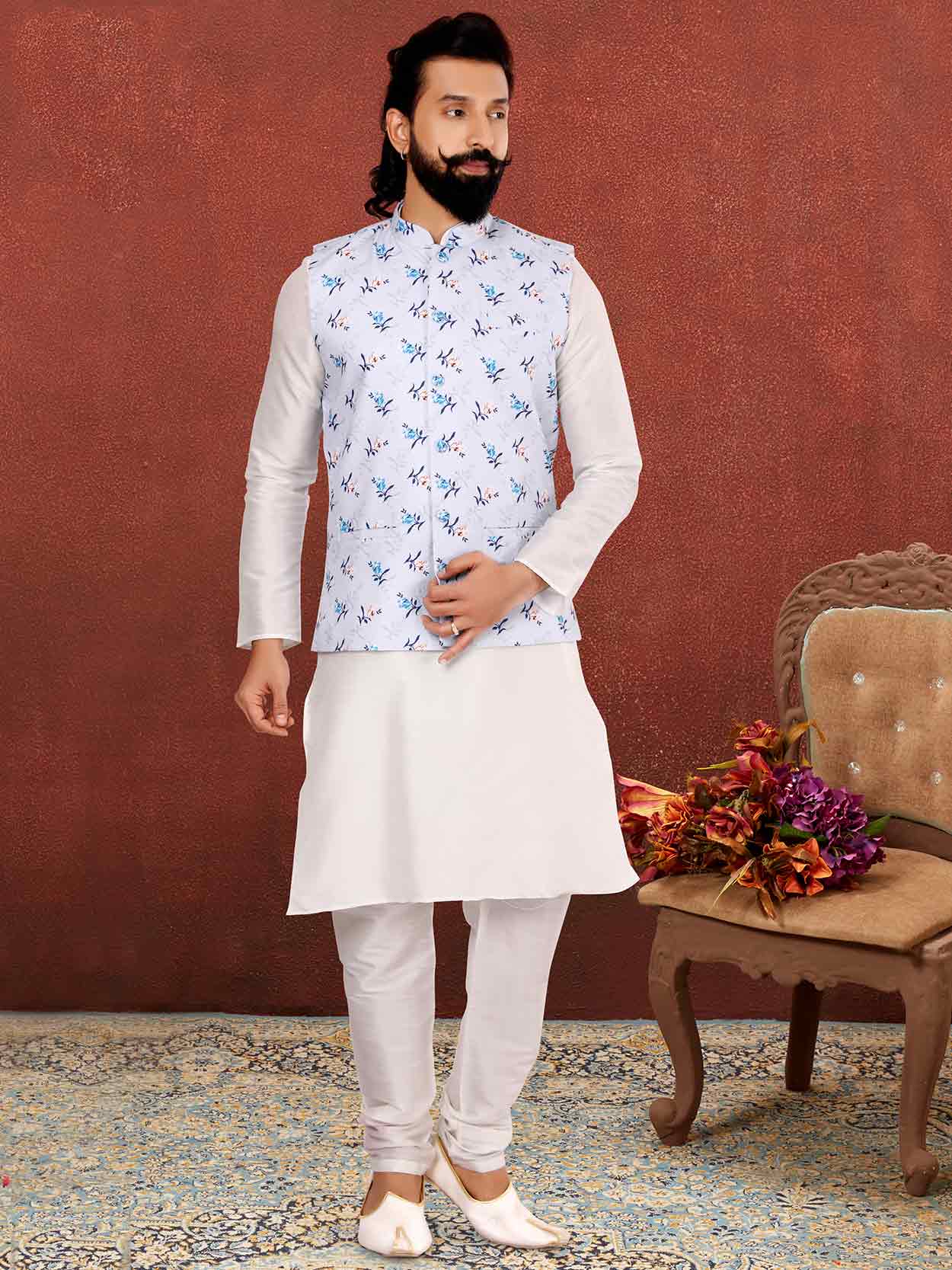 Designer Kurta Pajama Off White,Sky Blue Colour Dupion Silk Fabric.