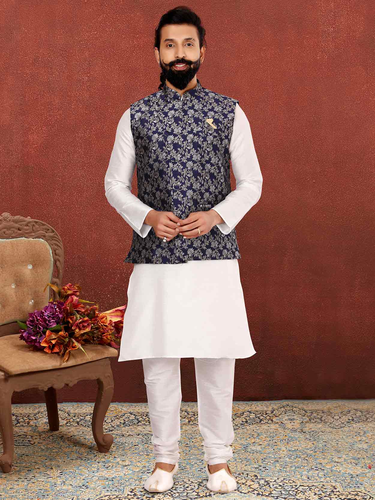 White Kurta Pyjama Jacket In Dupion Silk