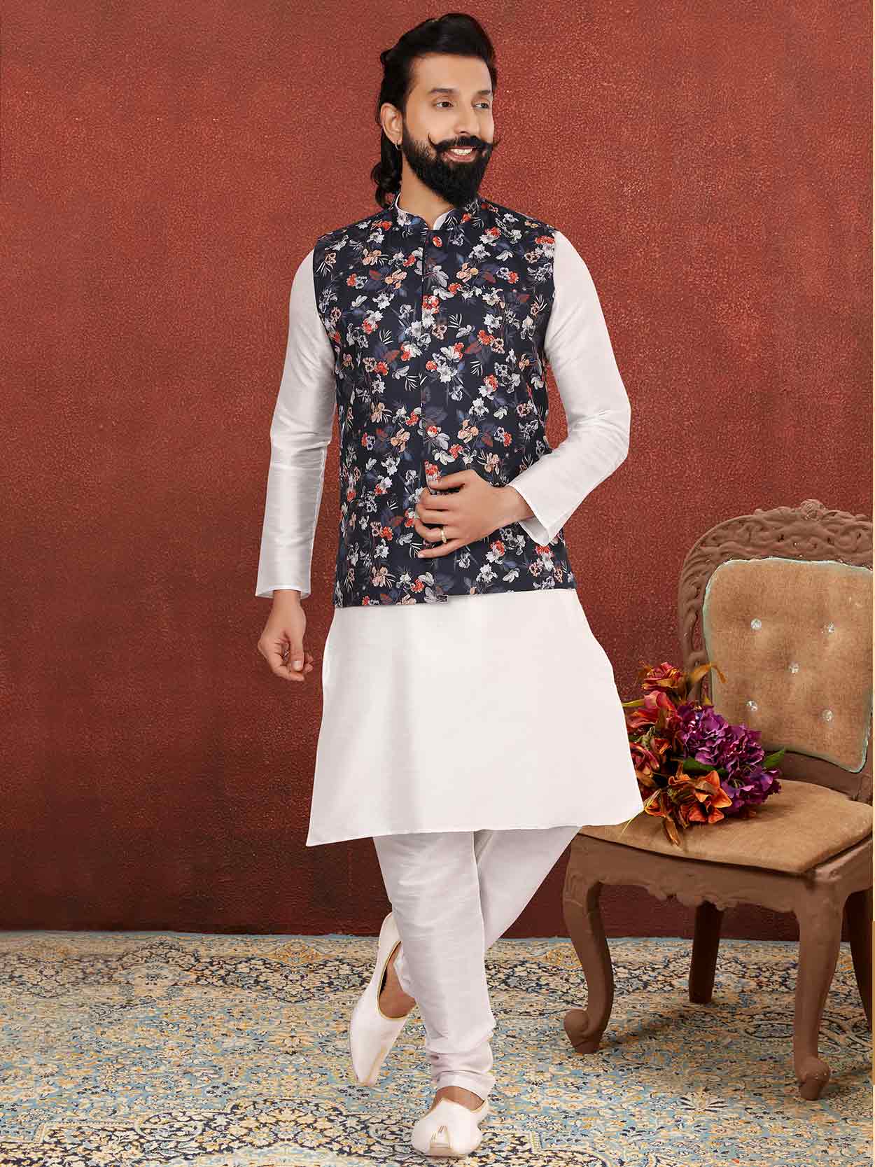 Blue,White Colour Mens Kurta Pajama Jacket.