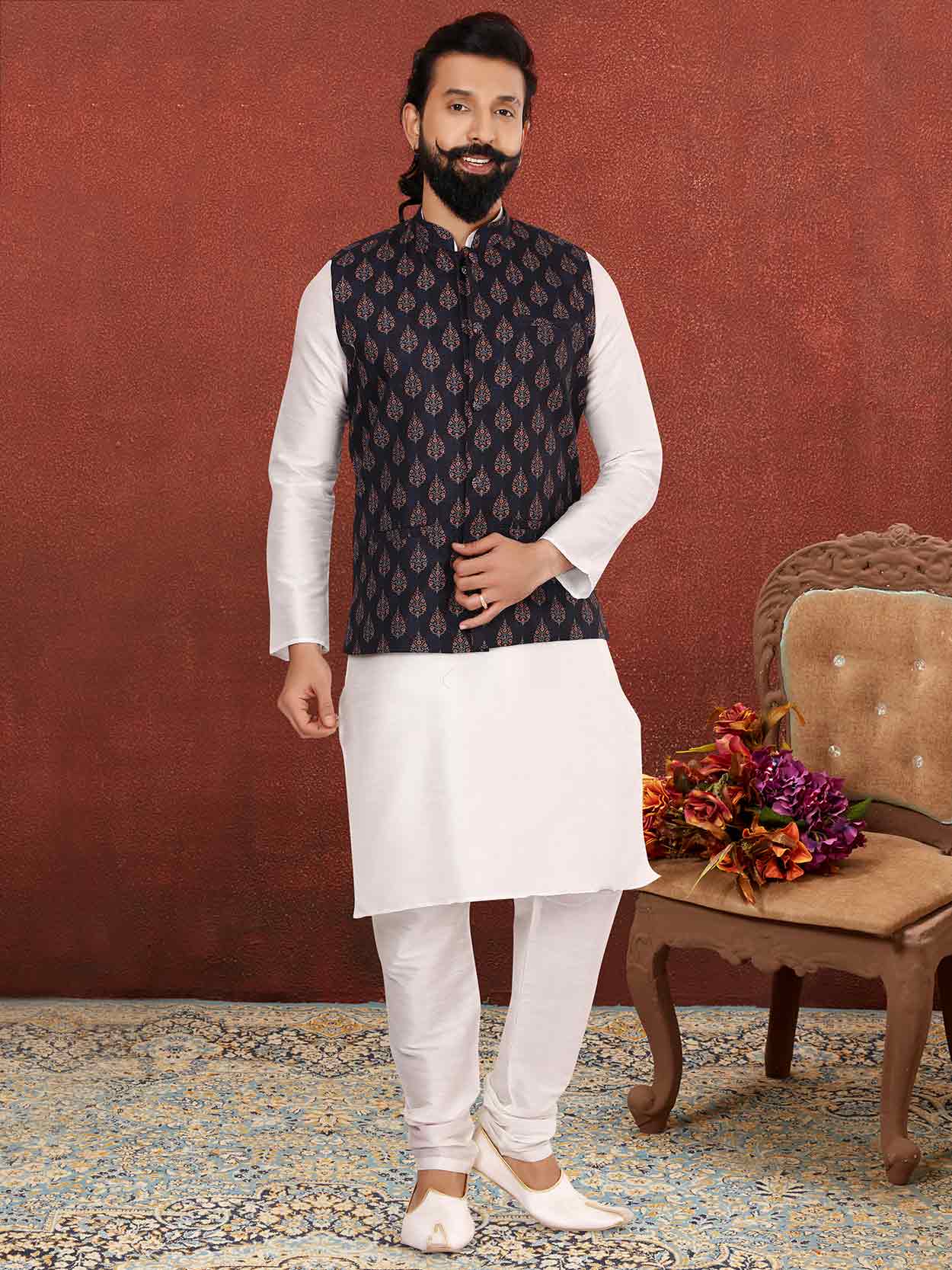 Off White,Black Colour Designer Kurta Pajama Jacket in Cotton,Dupion Silk Fabric.