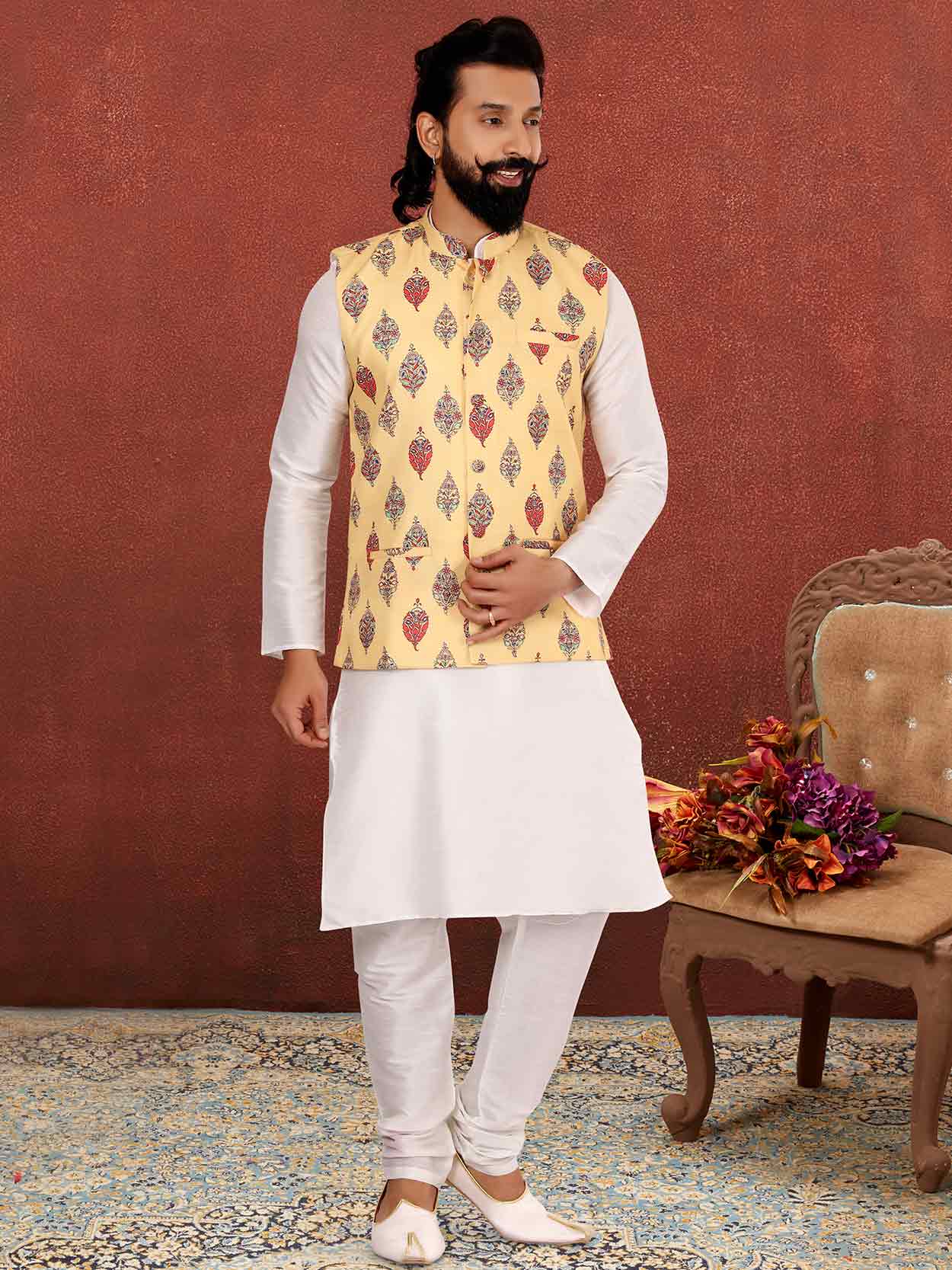 Off White,Yellow Colour Mens Kurta Pajama Jacket.