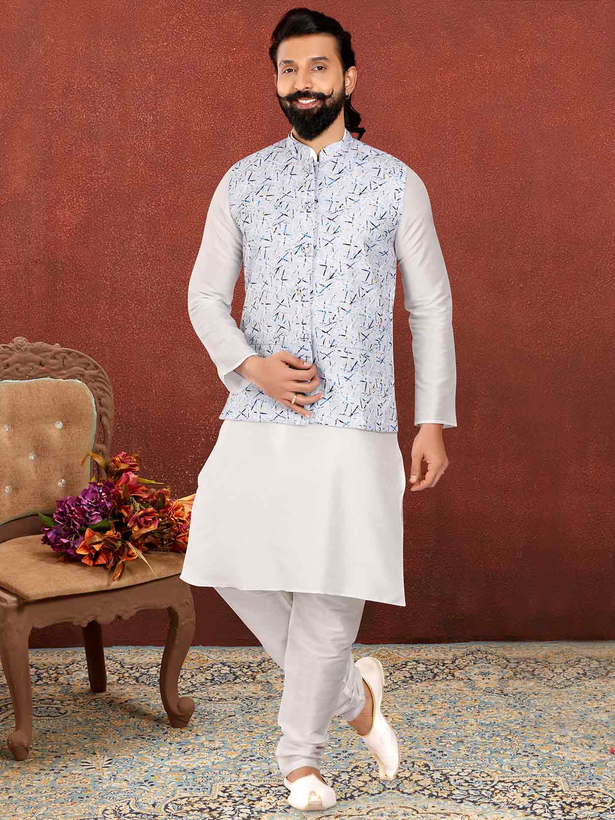 Off White Colour Mens Kurta Pajama Jacket in Cotton,Dupion Silk Fabric.