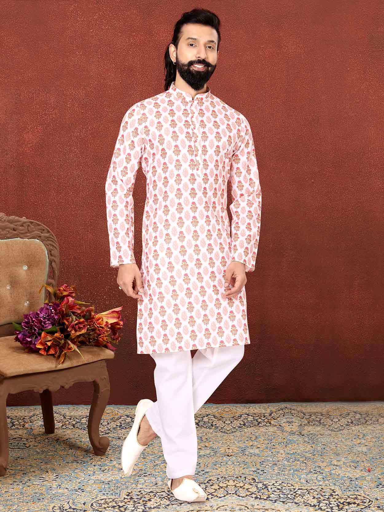 Off White,Pink Colour Cotton Fabric Digital Print Kurta Pajama.