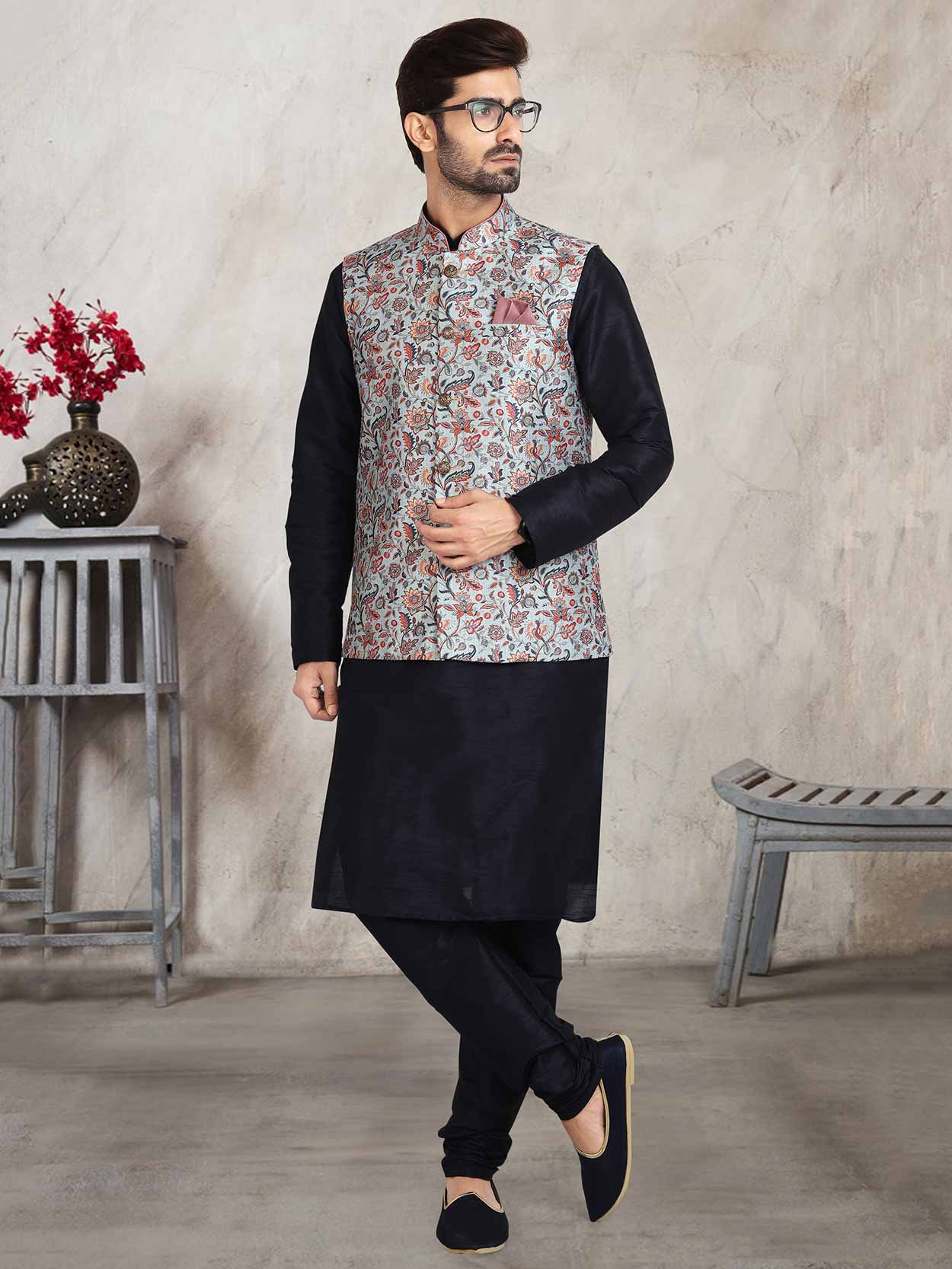 Blue Banarasi Silk Kurta Pyjama Jacket For Men