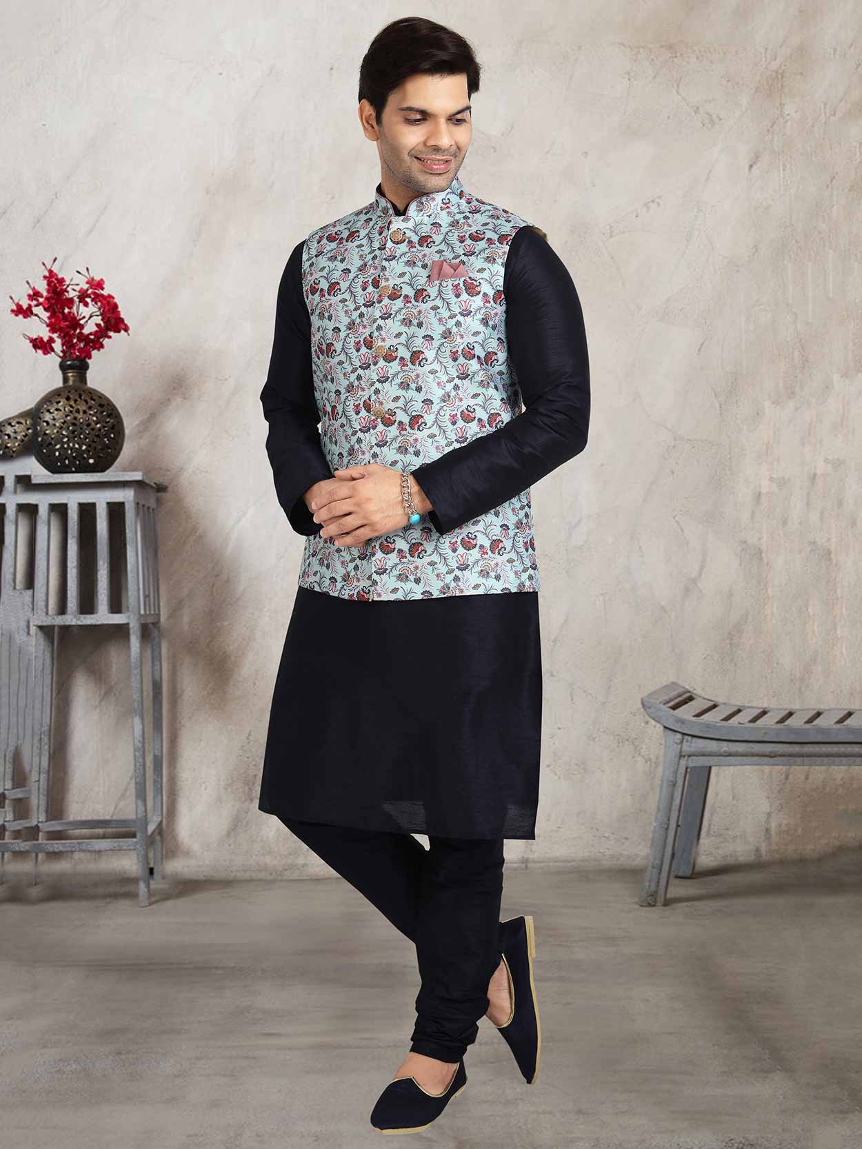 Blue Colour Party Wear Kurta Pajama Jacket in Banarasi Silk Fabric.