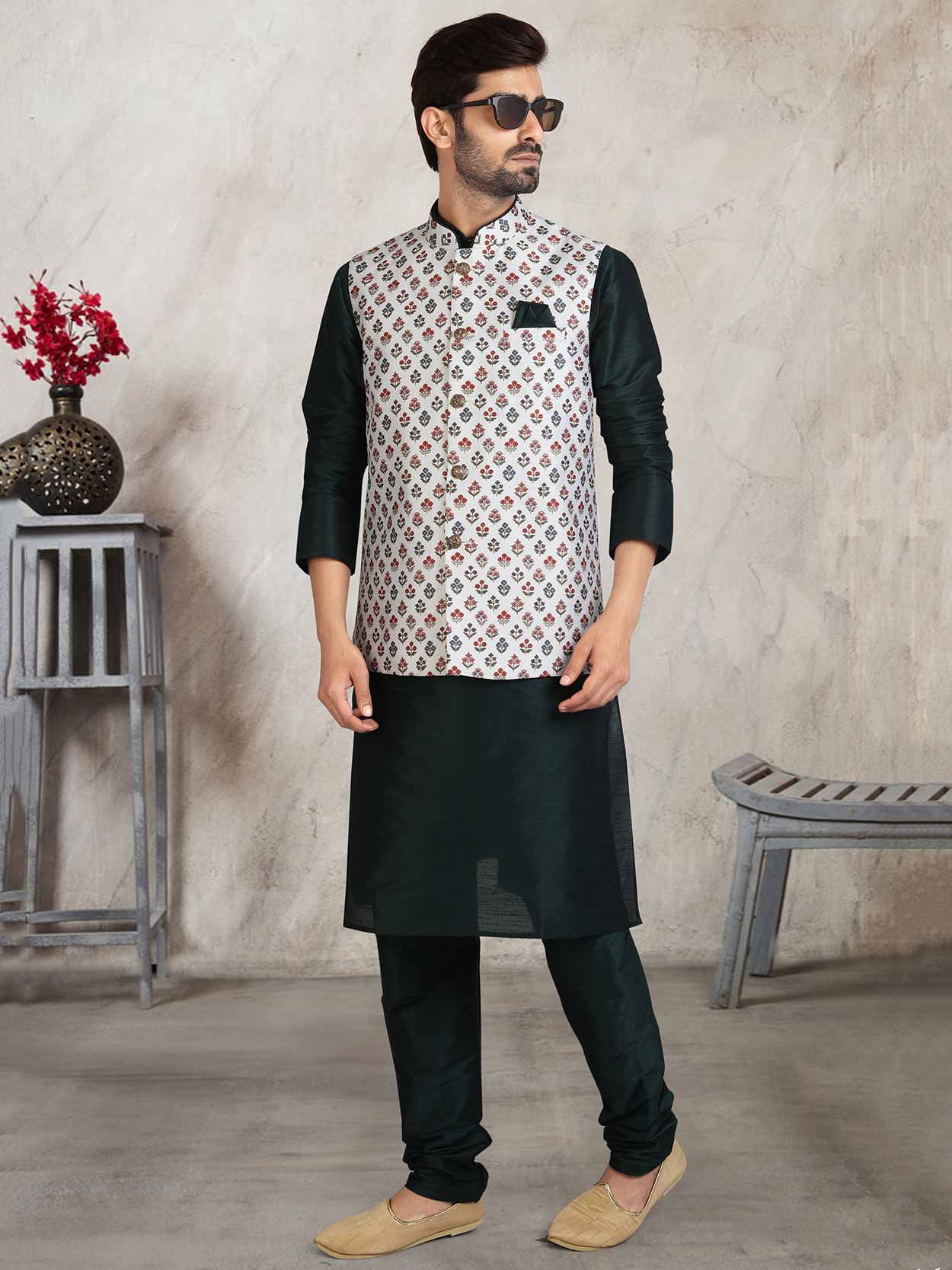 Green Silk Kurta Pyjama Jacket For Men
