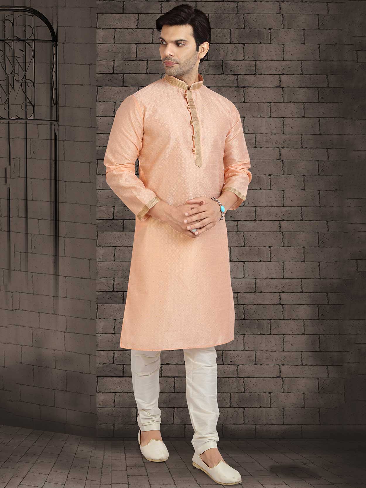 Peach Kurta Pyjama In Jacquard Silk