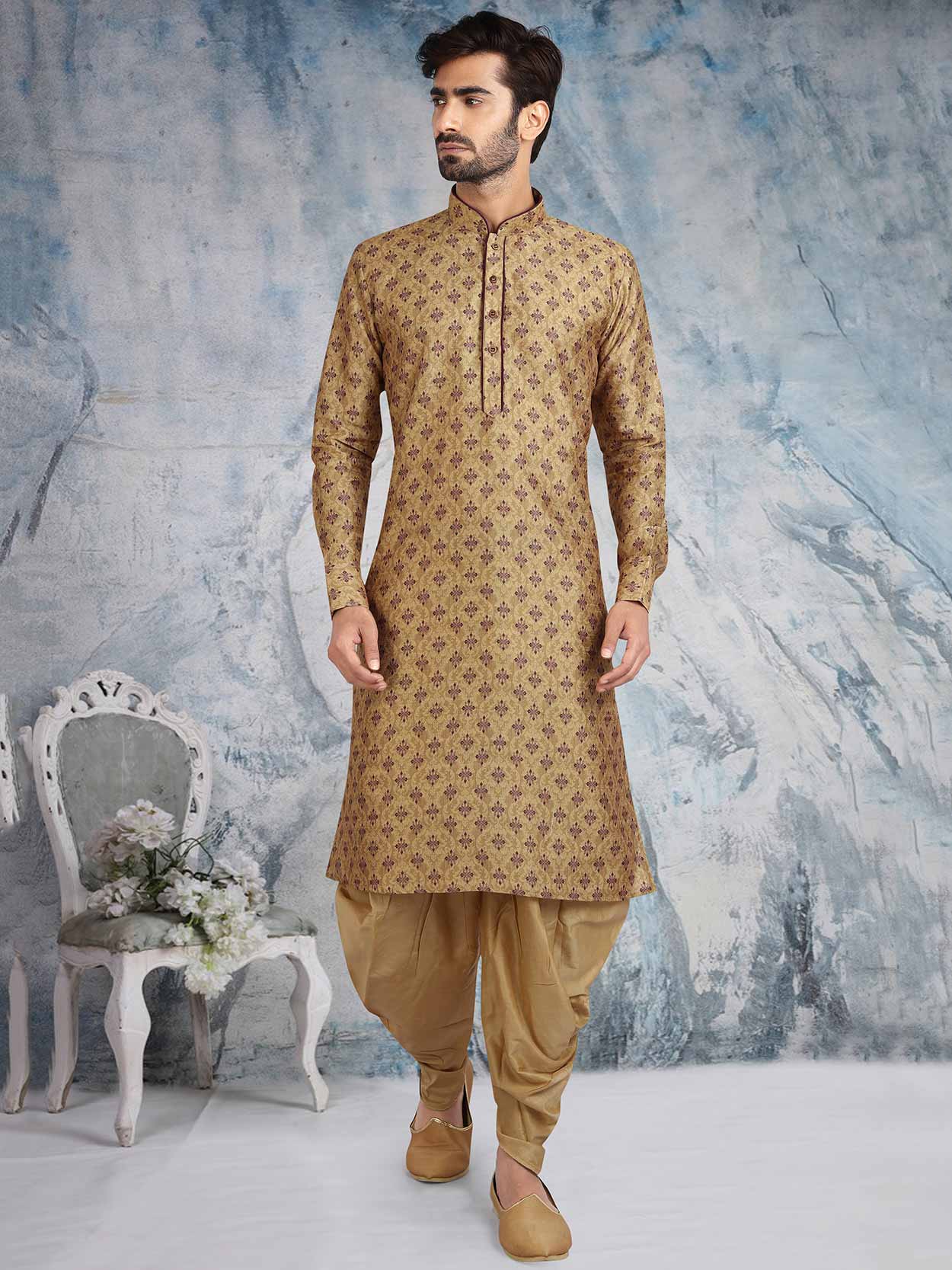 Beige Banarasi Silk Kurta Pyjama