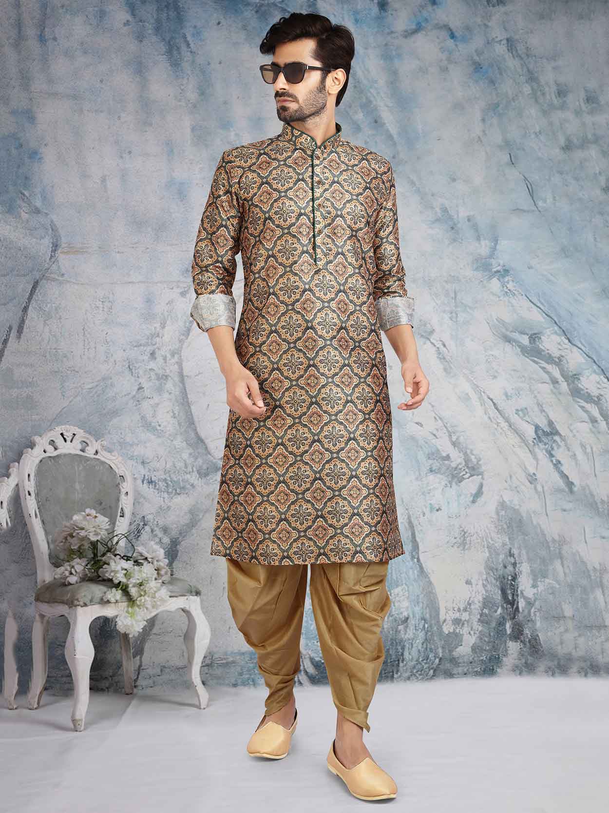 Beige Banarasi Silk Pathani Kurta Pyjama