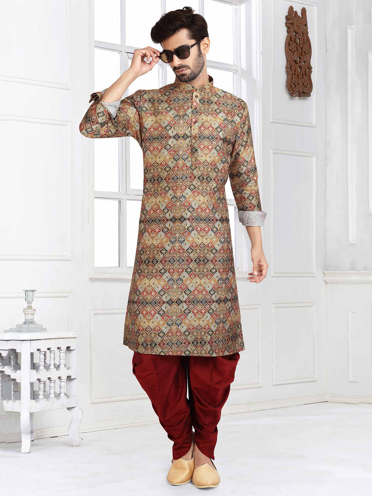 Multi Colour Banarasi Printed Pathani kurta