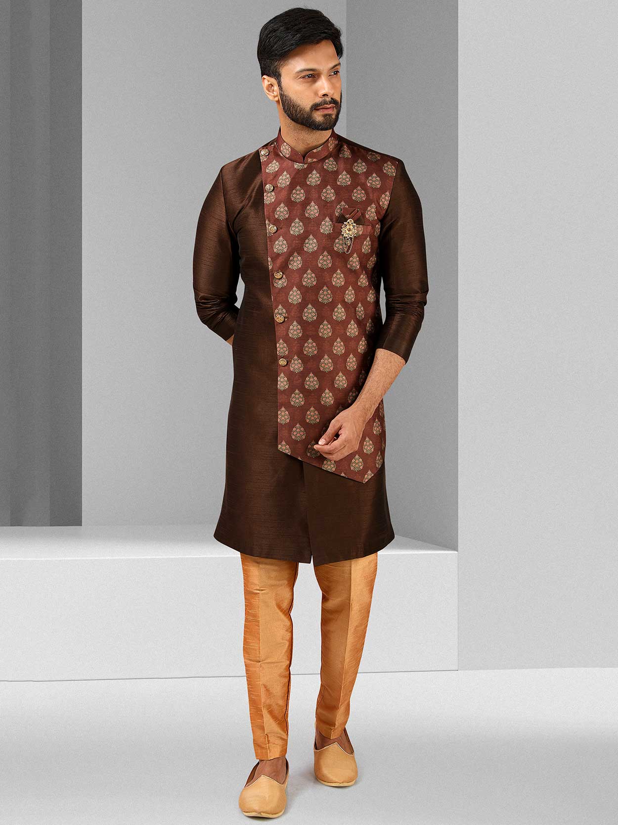 Brown Colour Art Silk Fabric Indian Designer Indowestern.