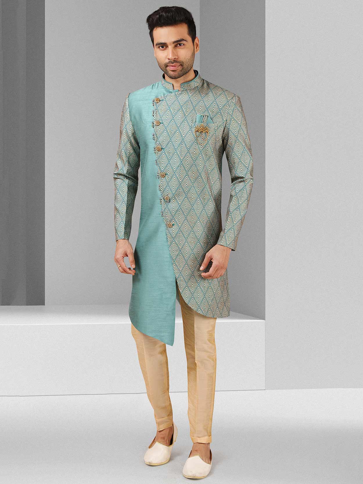 Green Art Silk Indo Western Dress For Men
