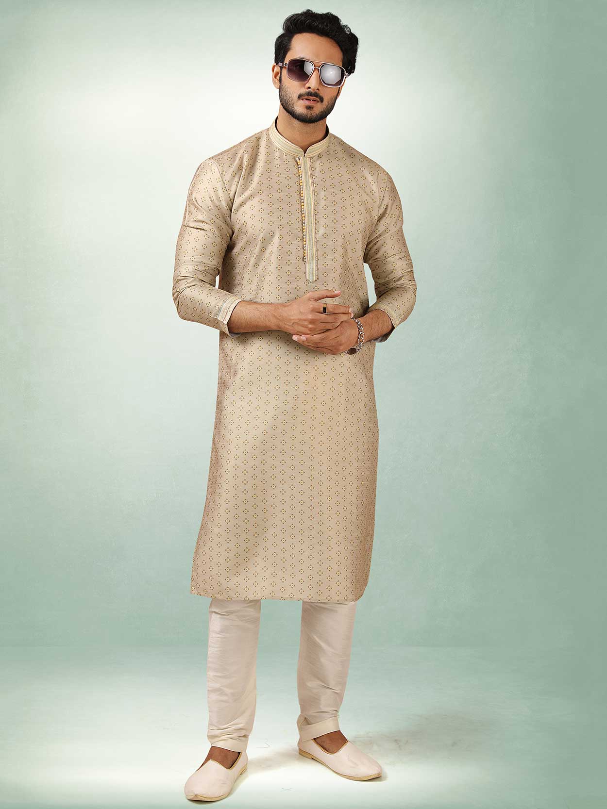Beige Colour Printed Kurta Pajama in Art Silk Fabric.