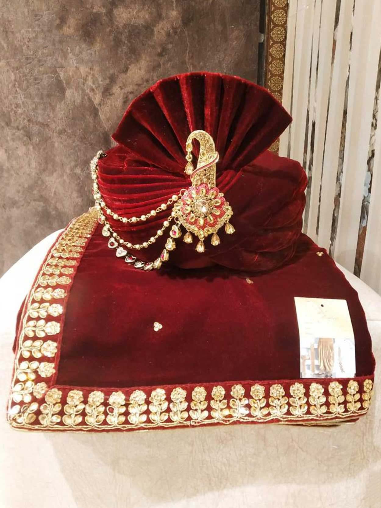 Maroon Colour Velvet Fabric Mens Wedding Turban.
