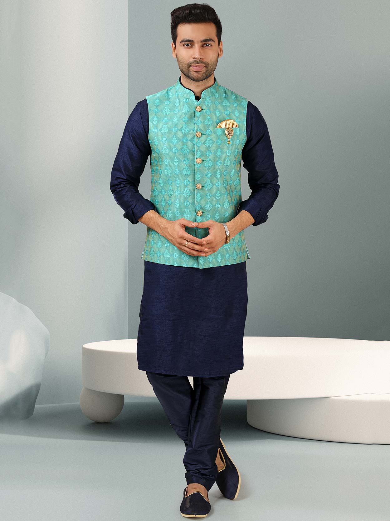 Blue Colour Indian Designer Kurta Pajama Jacket.